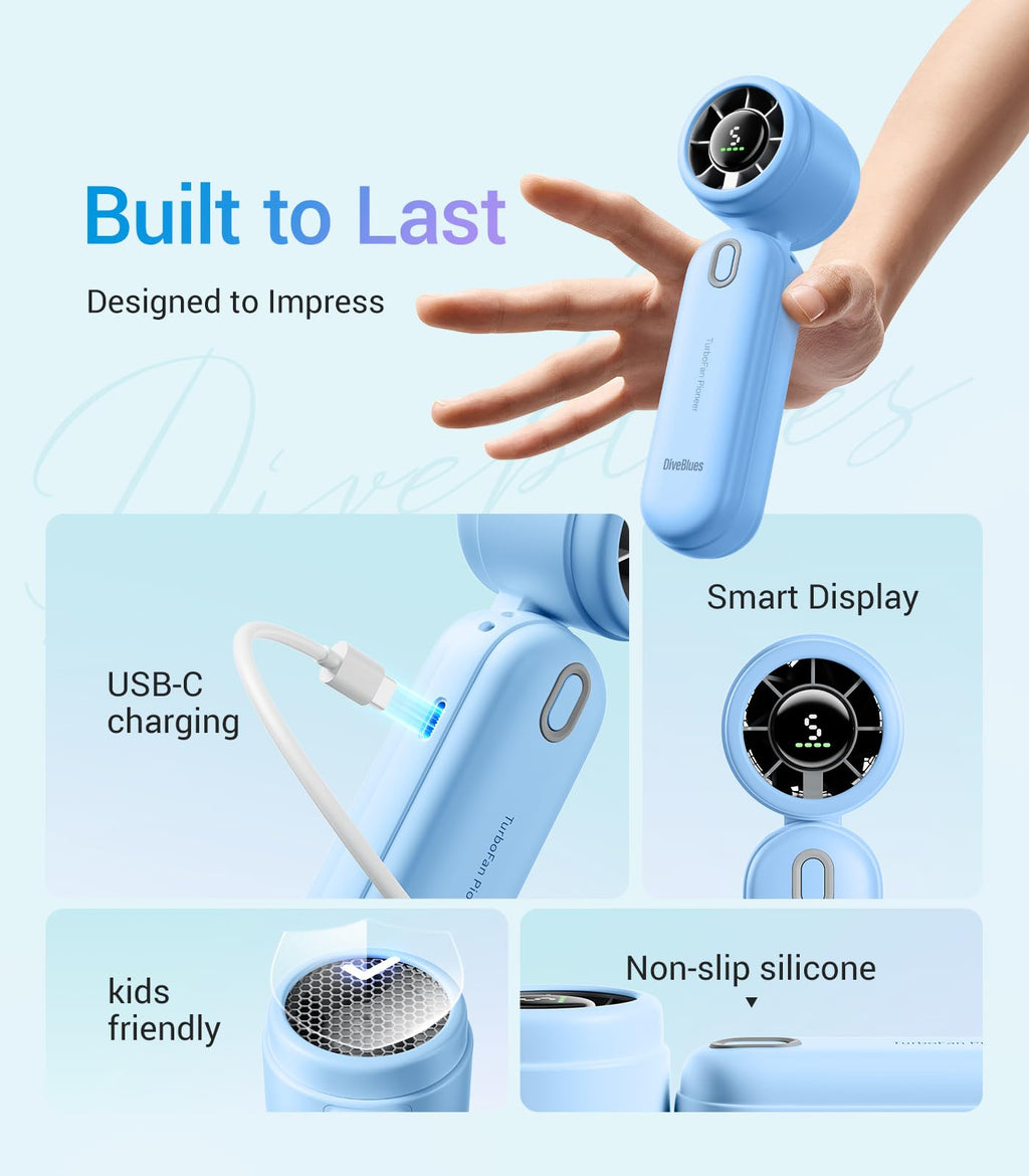 Diveblues Handheld Fan, 30ft/s Mini Portable Turbo Fan [12H Max Cooling], 4000mAh Personal Fan with LED Display, 3-in-1 Hand Held/Neck/Desk Fan for Travel, Cruise, Disney Essentials