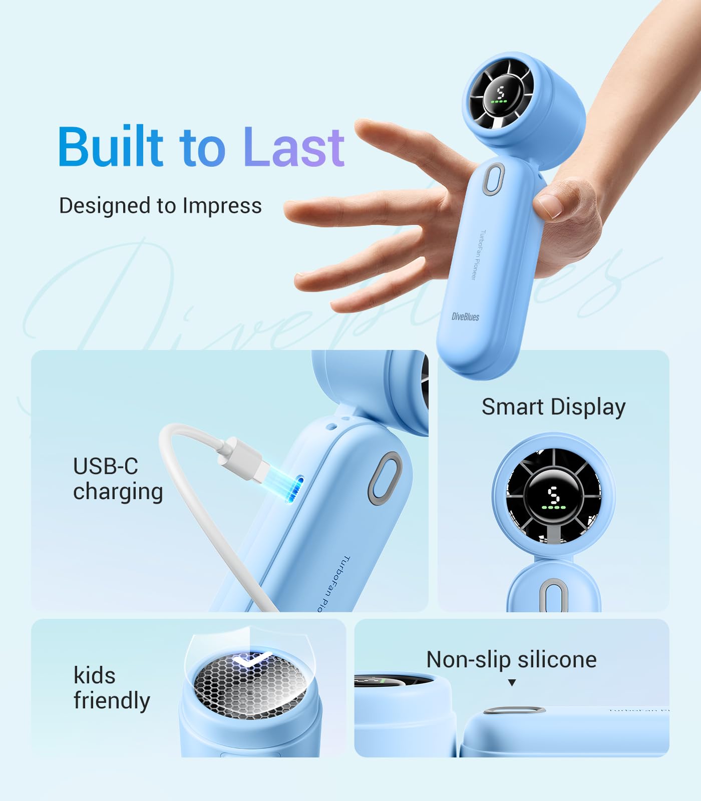 Diveblues Handheld Fan, 30ft/s Mini Portable Turbo Fan [12H Max Cooling], 4000mAh Personal Fan with LED Display, 3-in-1 Hand Held/Neck/Desk Fan for Travel, Cruise, Disney Essentials