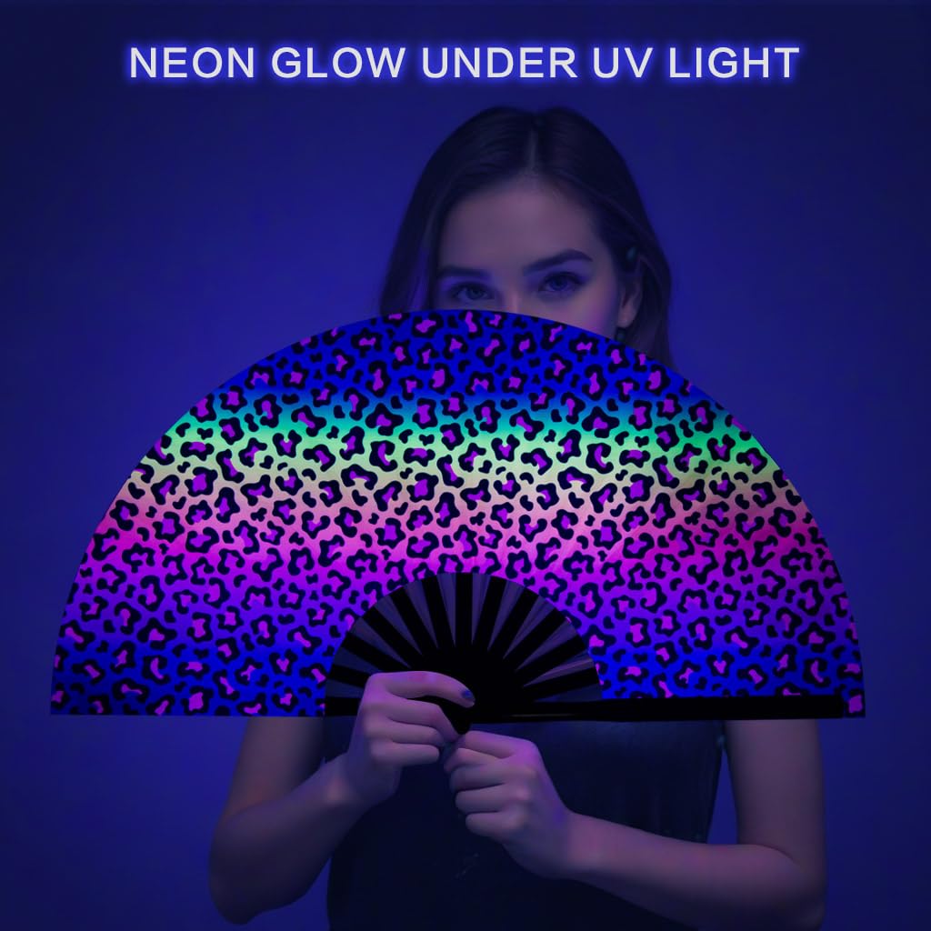 Ravevibes 13" Large Rave Fan Folding Hand Fan, Bamboo Festival Clack Fan Foldable UV Glow Edm Fans For Rave Outfits Accessories Performance Dance Party For Men Women, Alien