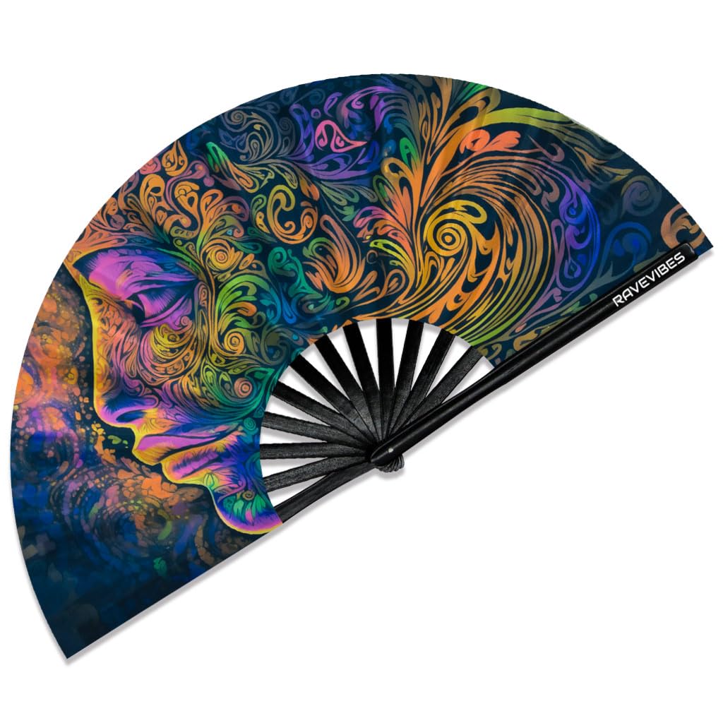 Ravevibes 13" Large Rave Fan Folding Hand Fan, Bamboo Festival Clack Fan Foldable UV Glow Edm Fans For Rave Outfits Accessories Performance Dance Party For Men Women, Alien