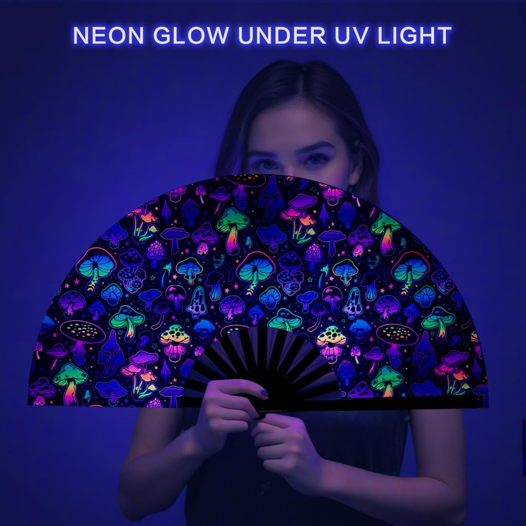 Ravevibes 13" Large Rave Fan Folding Hand Fan, Bamboo Festival Clack Fan Foldable UV Glow Edm Fans For Rave Outfits Accessories Performance Dance Party For Men Women, Alien