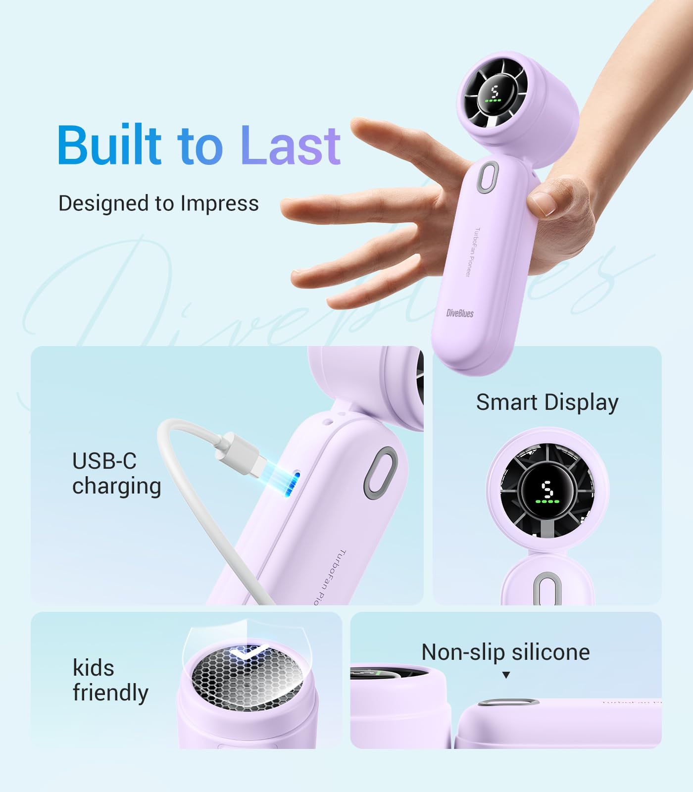 Diveblues Handheld Fan, 30ft/s Mini Portable Turbo Fan [12H Max Cooling], 4000mAh Personal Fan with LED Display, 3-in-1 Hand Held/Neck/Desk Fan for Travel, Cruise, Disney Essentials