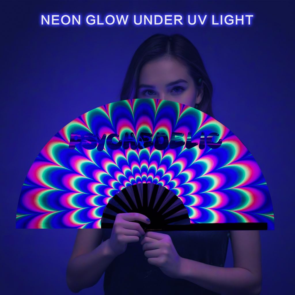 Ravevibes 13" Large Rave Fan Folding Hand Fan, Bamboo Festival Clack Fan Foldable UV Glow Edm Fans For Rave Outfits Accessories Performance Dance Party For Men Women, Alien