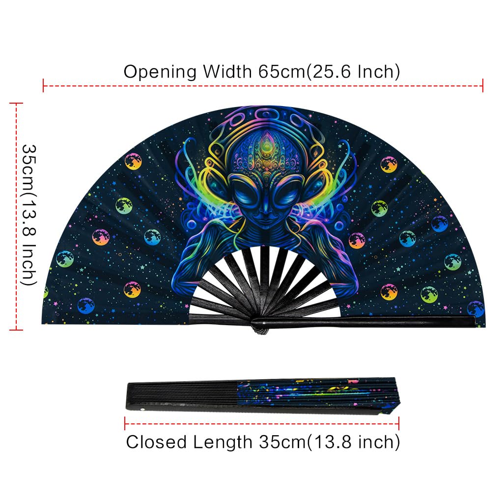 Ravevibes 13" Large Rave Fan Folding Hand Fan, Bamboo Festival Clack Fan Foldable UV Glow Edm Fans For Rave Outfits Accessories Performance Dance Party For Men Women, Alien