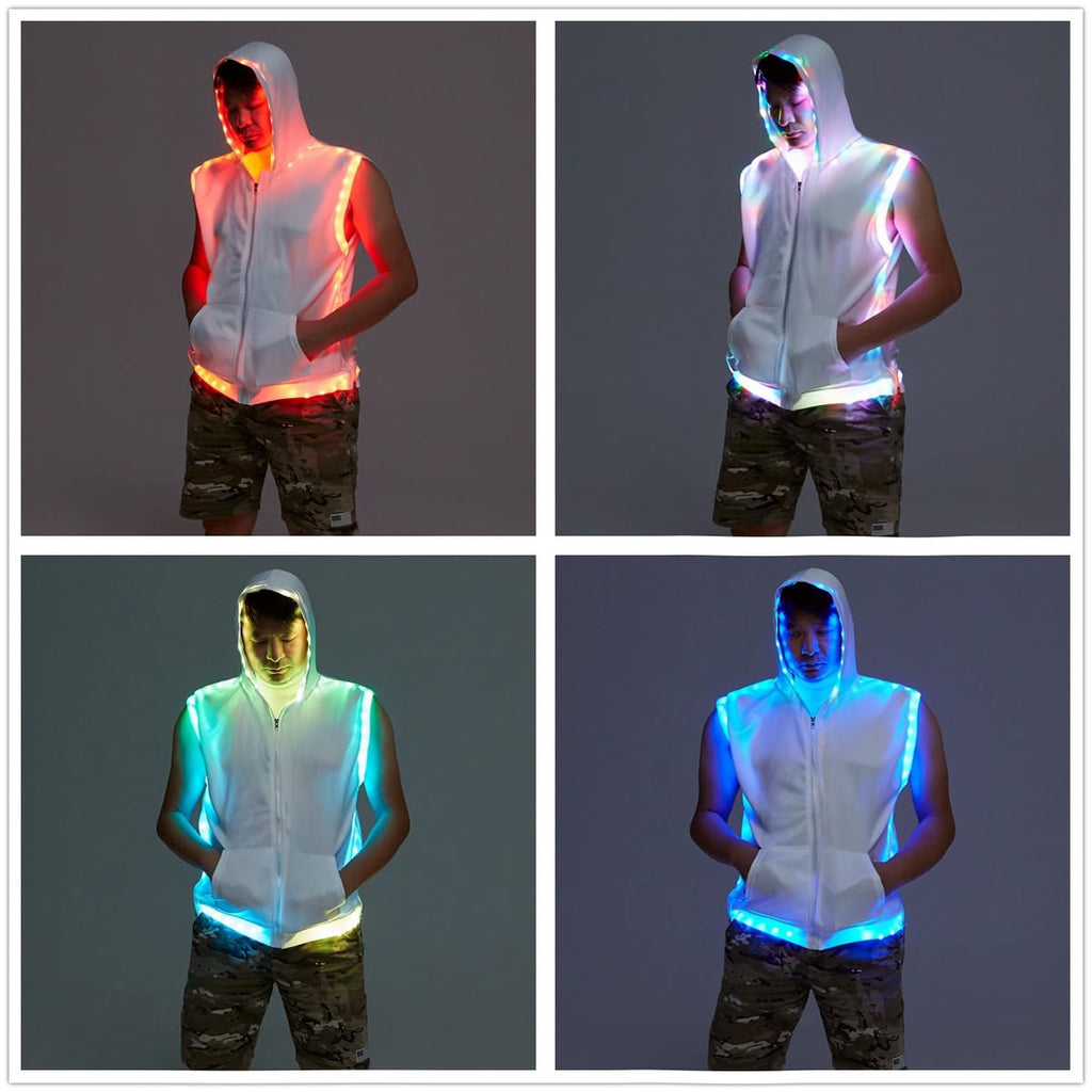 Men White Hooded Tank LED Light Up Sync Burning Man Rave Tops Night Club Show for Halloween Dance Party