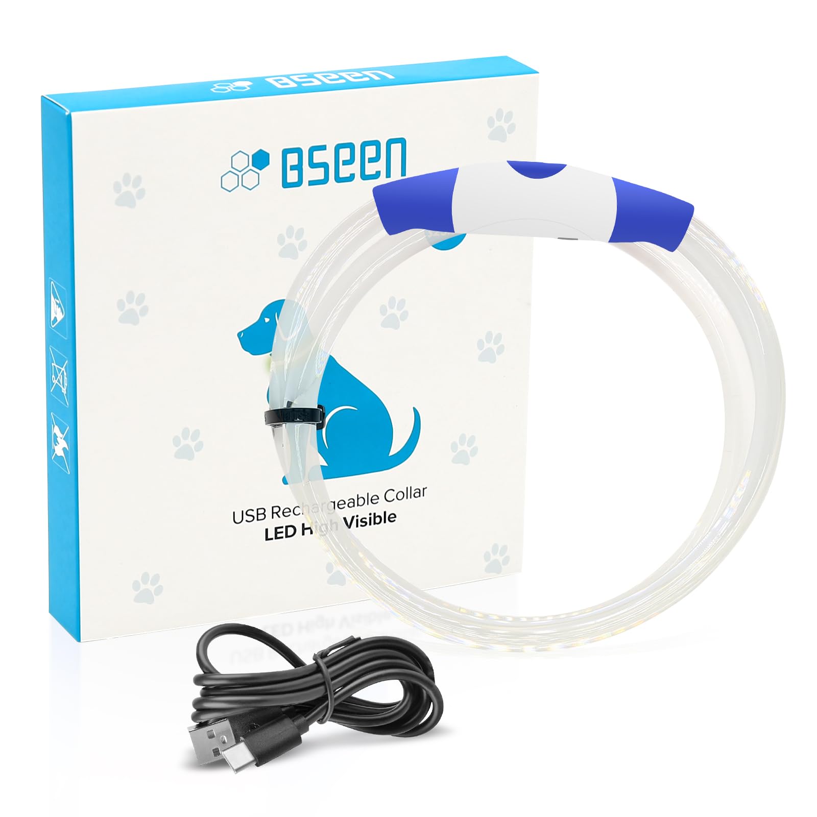 BSEEN Light Up Dog Collar, High Visibility LED Dog Collar Rechargeable- Rainproof TPU Cuttable Glowing Pet Collar for Small Dogs & Cats - Puppy Safety Lights for Night Walking (XS- Blue 40cm)