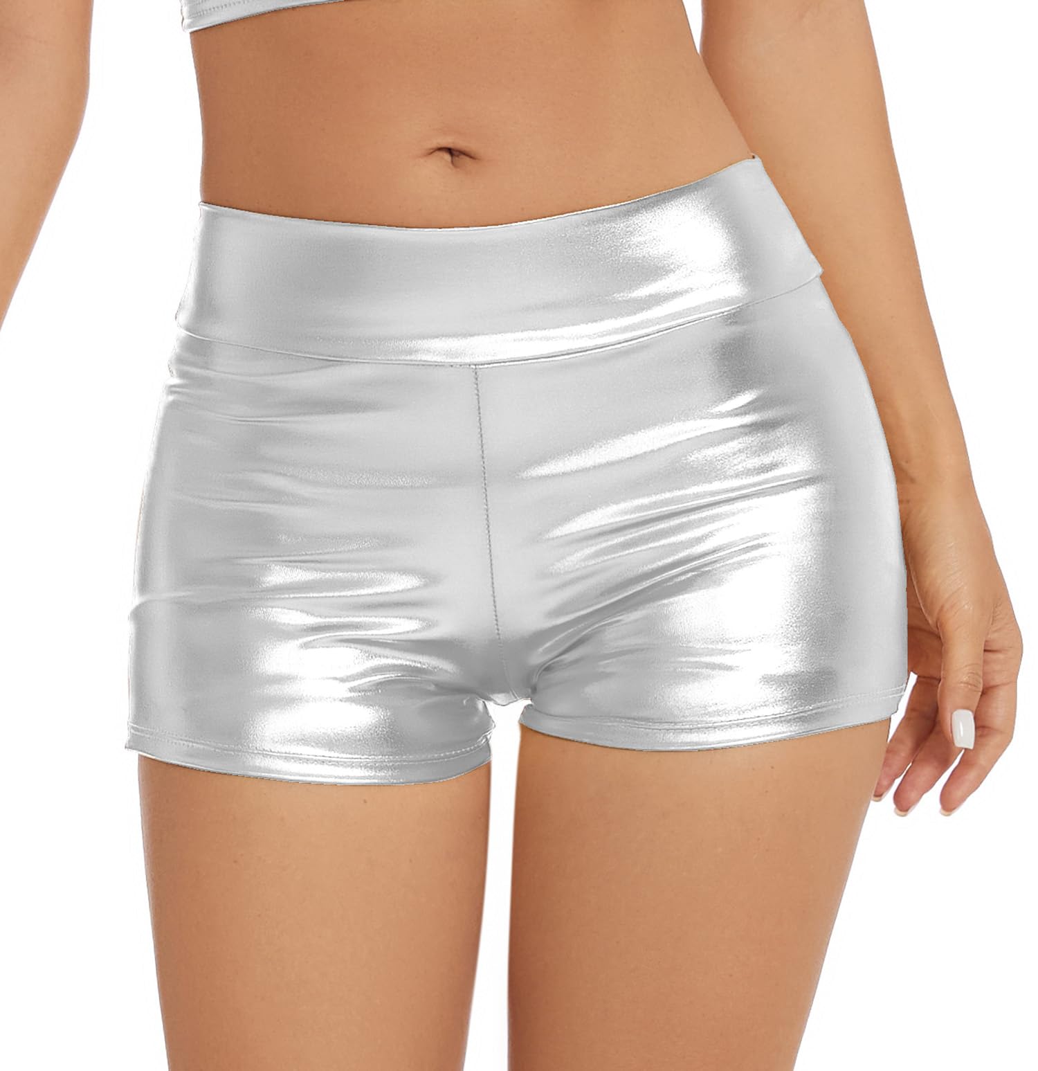 Women's Metallic Rave Booty Shorts Shiny High Waisted Bottoms for Dance Festival