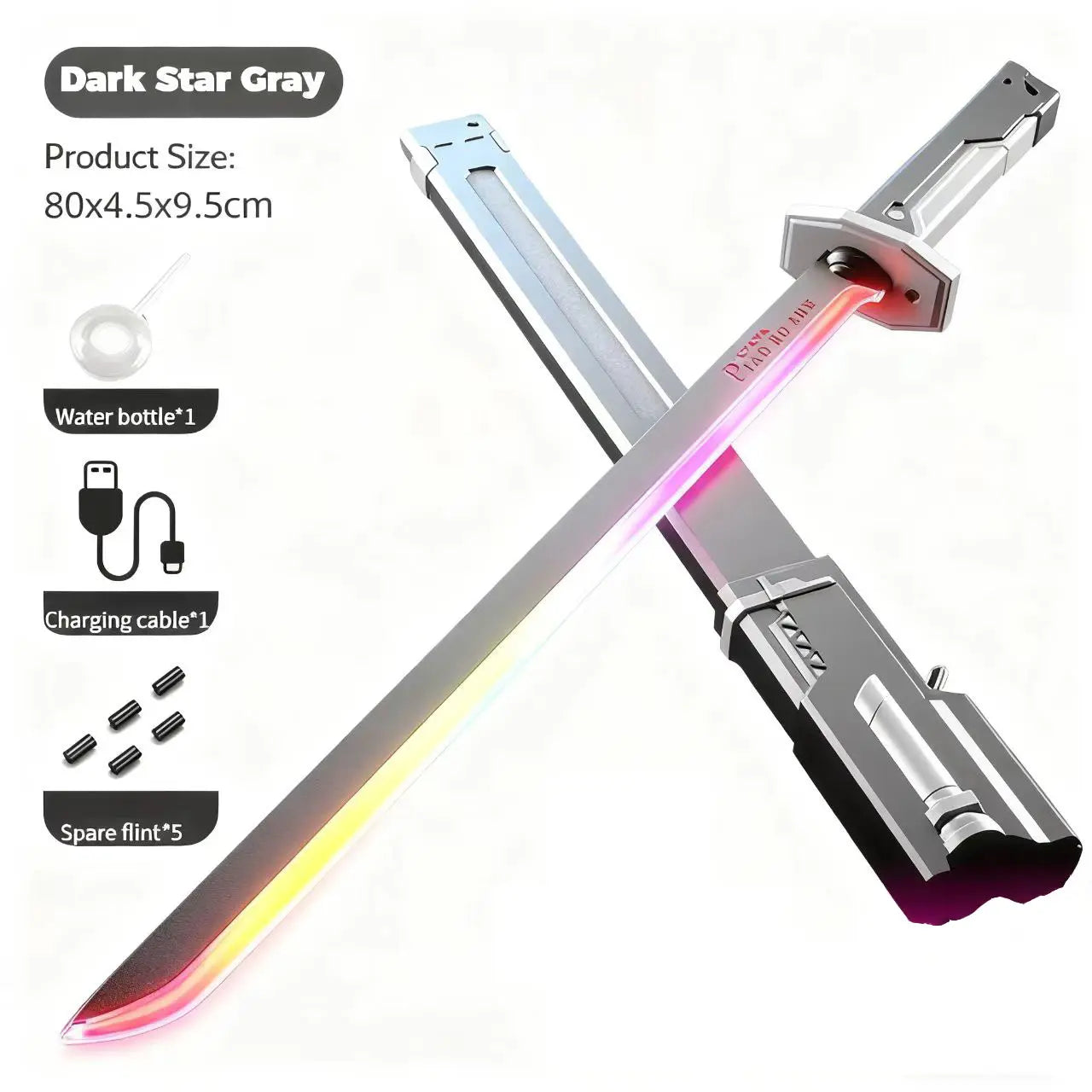 Cyberpunk Neon Sword Lightsaber Toy 31.5" Spark Blade Sound & Fog Eight-Color Streaming Light Effect Type-C Rechargeable for Rave Cosplay & Display
