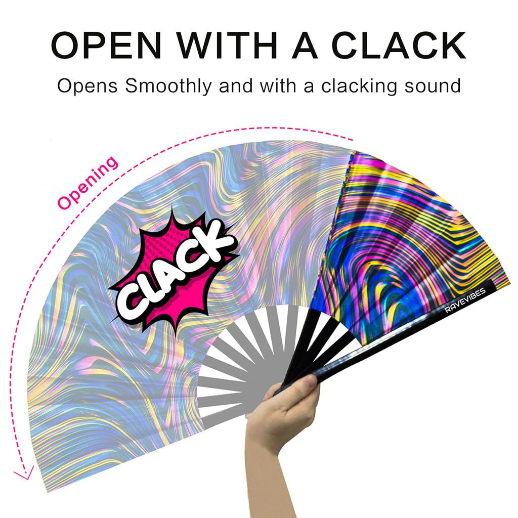 Ravevibes 13" Large Rave Fan Folding Hand Fan, Bamboo Festival Clack Fan Foldable UV Glow Edm Fans For Rave Outfits Accessories Performance Dance Party For Men Women, Alien