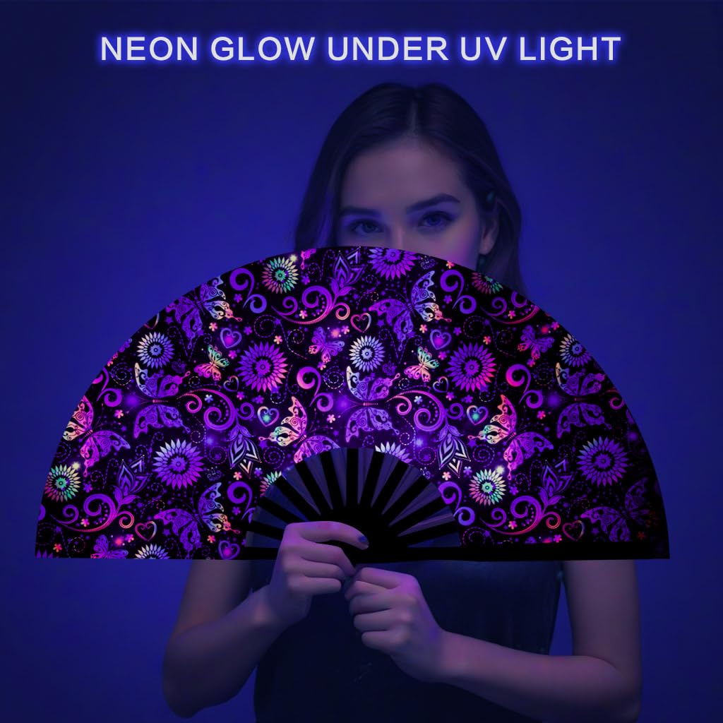 Ravevibes 13" Large Rave Fan Folding Hand Fan, Bamboo Festival Clack Fan Foldable UV Glow Edm Fans For Rave Outfits Accessories Performance Dance Party For Men Women, Alien