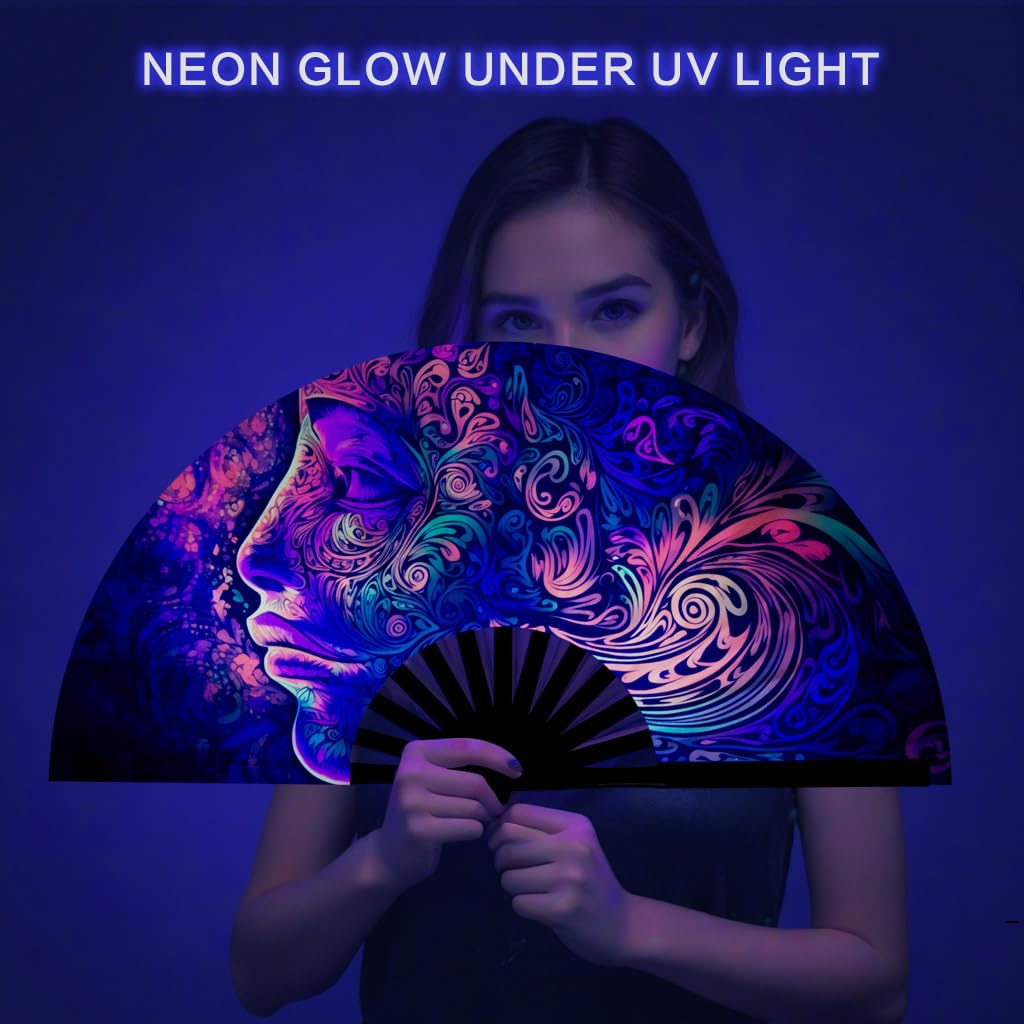 Ravevibes 13" Large Rave Fan Folding Hand Fan, Bamboo Festival Clack Fan Foldable UV Glow Edm Fans For Rave Outfits Accessories Performance Dance Party For Men Women, Alien