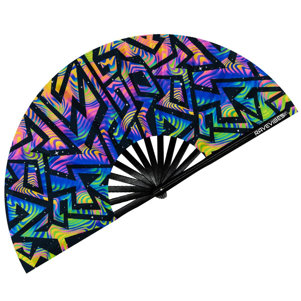 Ravevibes 13" Large Rave Fan Folding Hand Fan, Bamboo Festival Clack Fan Foldable UV Glow Edm Fans For Rave Outfits Accessories Performance Dance Party For Men Women, Alien