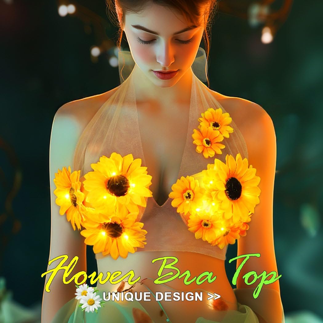 Zoestar Light Up Sunflower Bra Top Glow Rave Festival Outfit for Women Beige