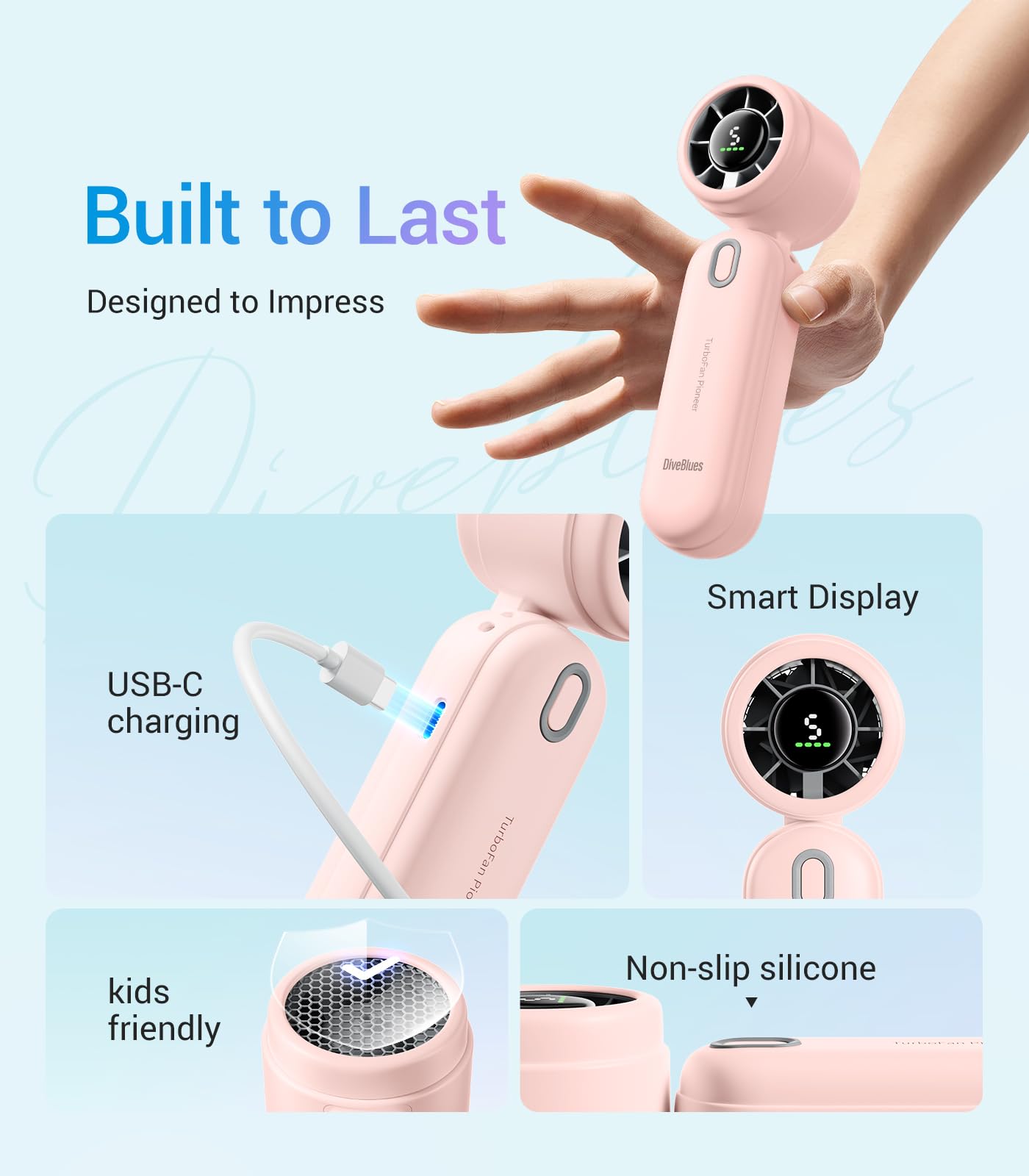 Diveblues Handheld Fan, 30ft/s Mini Portable Turbo Fan [12H Max Cooling], 4000mAh Personal Fan with LED Display, 3-in-1 Hand Held/Neck/Desk Fan for Travel, Cruise, Disney Essentials