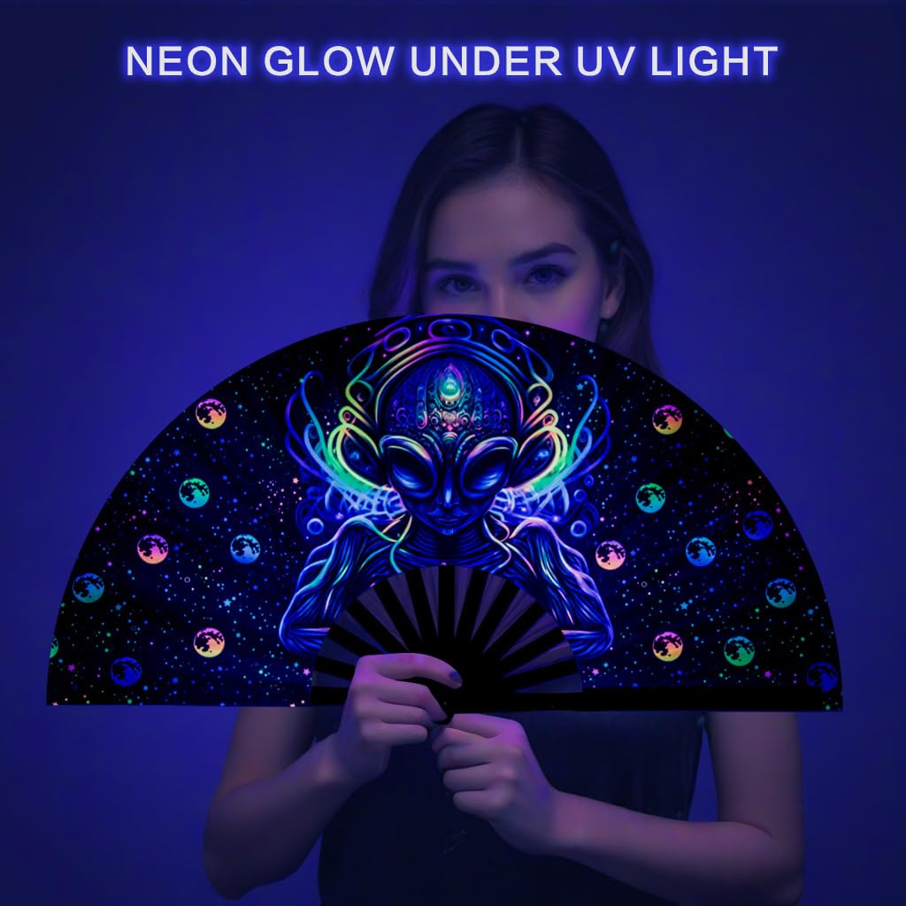 Ravevibes 13" Large Rave Fan Folding Hand Fan, Bamboo Festival Clack Fan Foldable UV Glow Edm Fans For Rave Outfits Accessories Performance Dance Party For Men Women, Alien