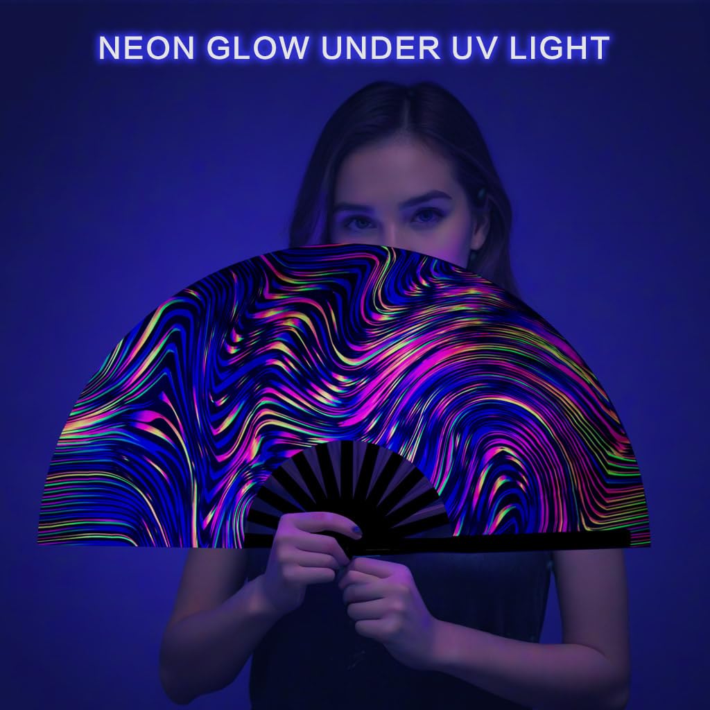 Ravevibes 13" Large Rave Fan Folding Hand Fan, Bamboo Festival Clack Fan Foldable UV Glow Edm Fans For Rave Outfits Accessories Performance Dance Party For Men Women, Alien