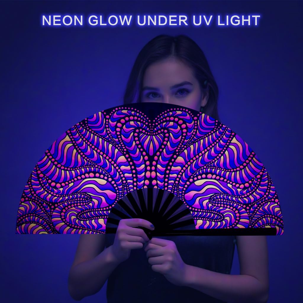 Ravevibes 13" Large Rave Fan Folding Hand Fan, Bamboo Festival Clack Fan Foldable UV Glow Edm Fans For Rave Outfits Accessories Performance Dance Party For Men Women, Alien