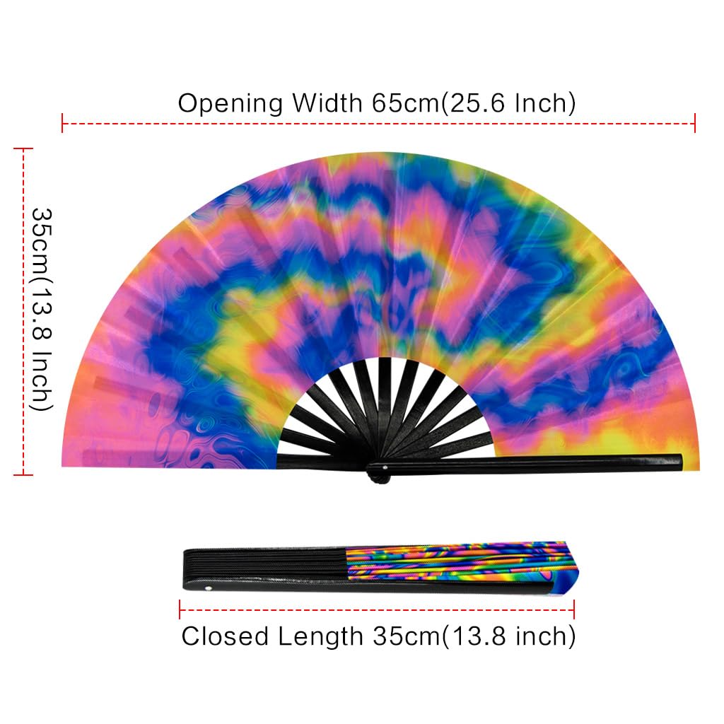 Ravevibes 13" Large Rave Fan Folding Hand Fan, Bamboo Festival Clack Fan Foldable UV Glow Edm Fans For Rave Outfits Accessories Performance Dance Party For Men Women, Alien
