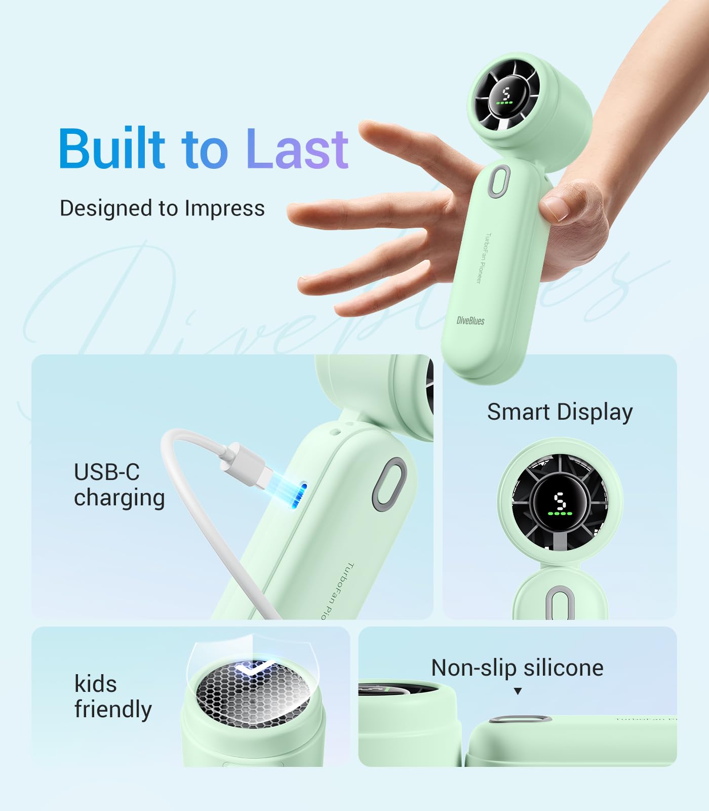 Diveblues Handheld Fan, 30ft/s Mini Portable Turbo Fan [12H Max Cooling], 4000mAh Personal Fan with LED Display, 3-in-1 Hand Held/Neck/Desk Fan for Travel, Cruise, Disney Essentials