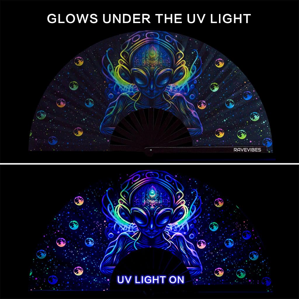 Ravevibes 13" Large Rave Fan Folding Hand Fan, Bamboo Festival Clack Fan Foldable UV Glow Edm Fans For Rave Outfits Accessories Performance Dance Party For Men Women, Alien