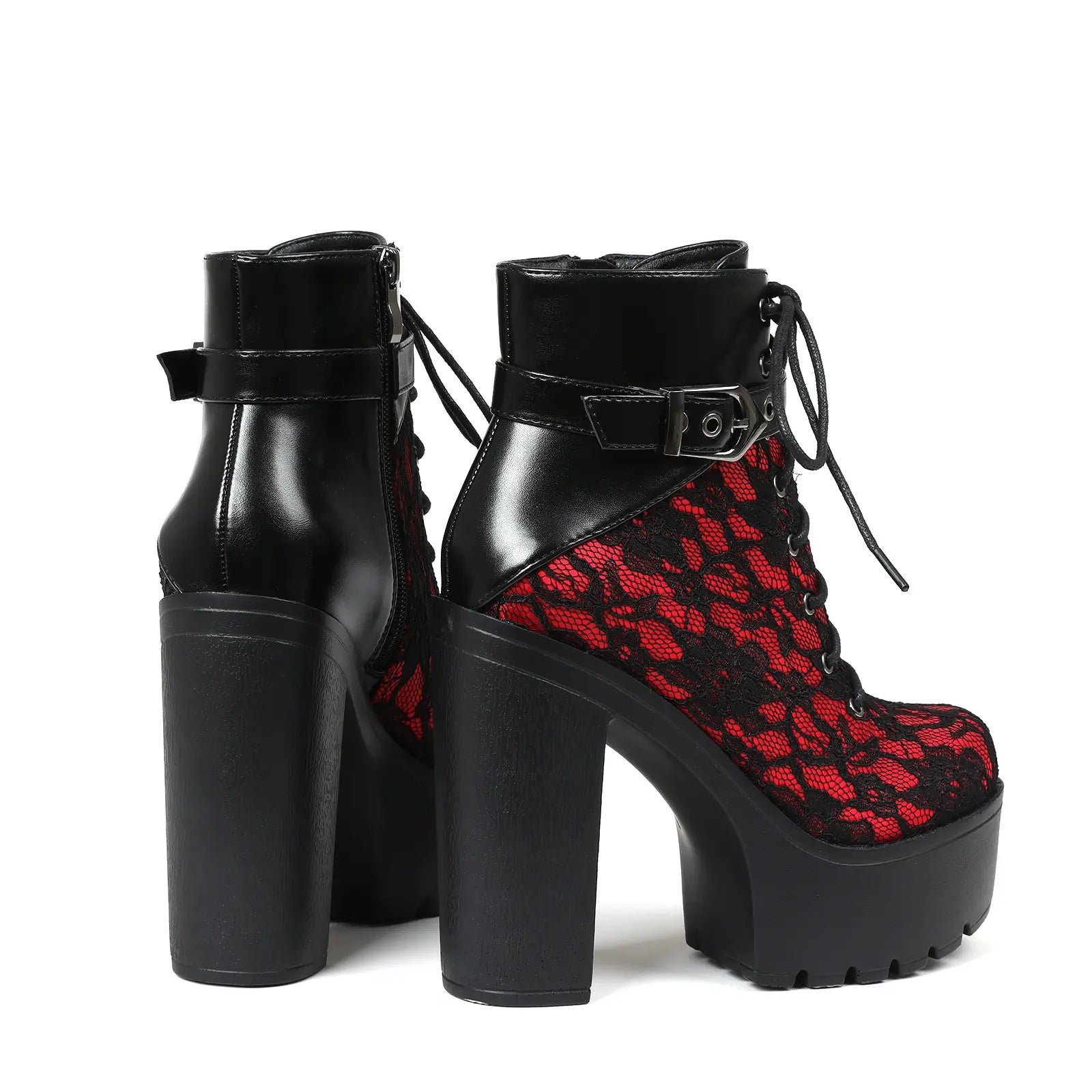 Ankle Boots for Women Platform Goth Boot round Toe Chunky Block High Heel Lace up Side Zipper Metal Buckle Victorian Lace Fashion Date Punk Rave Party Concert Combat Booties