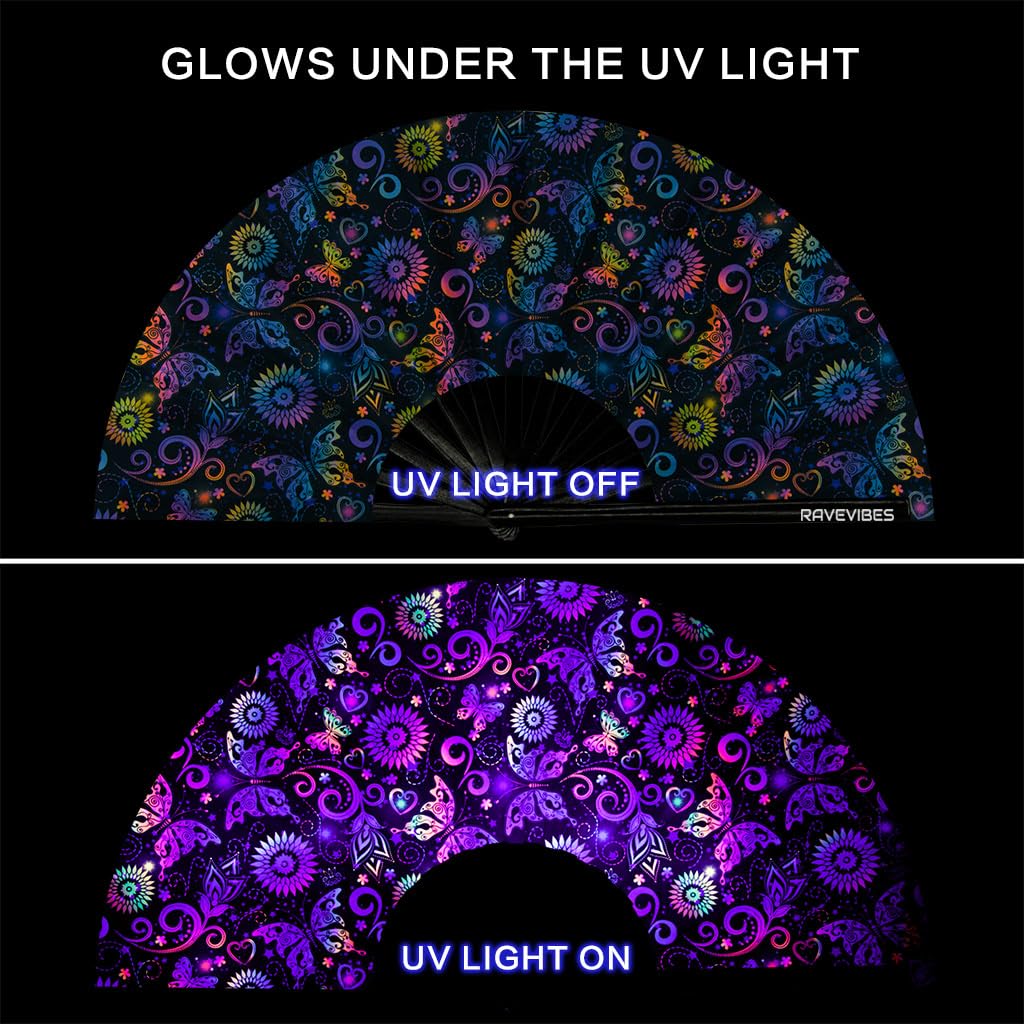 Ravevibes 13" Large Rave Fan Folding Hand Fan, Bamboo Festival Clack Fan Foldable UV Glow Edm Fans For Rave Outfits Accessories Performance Dance Party For Men Women, Alien