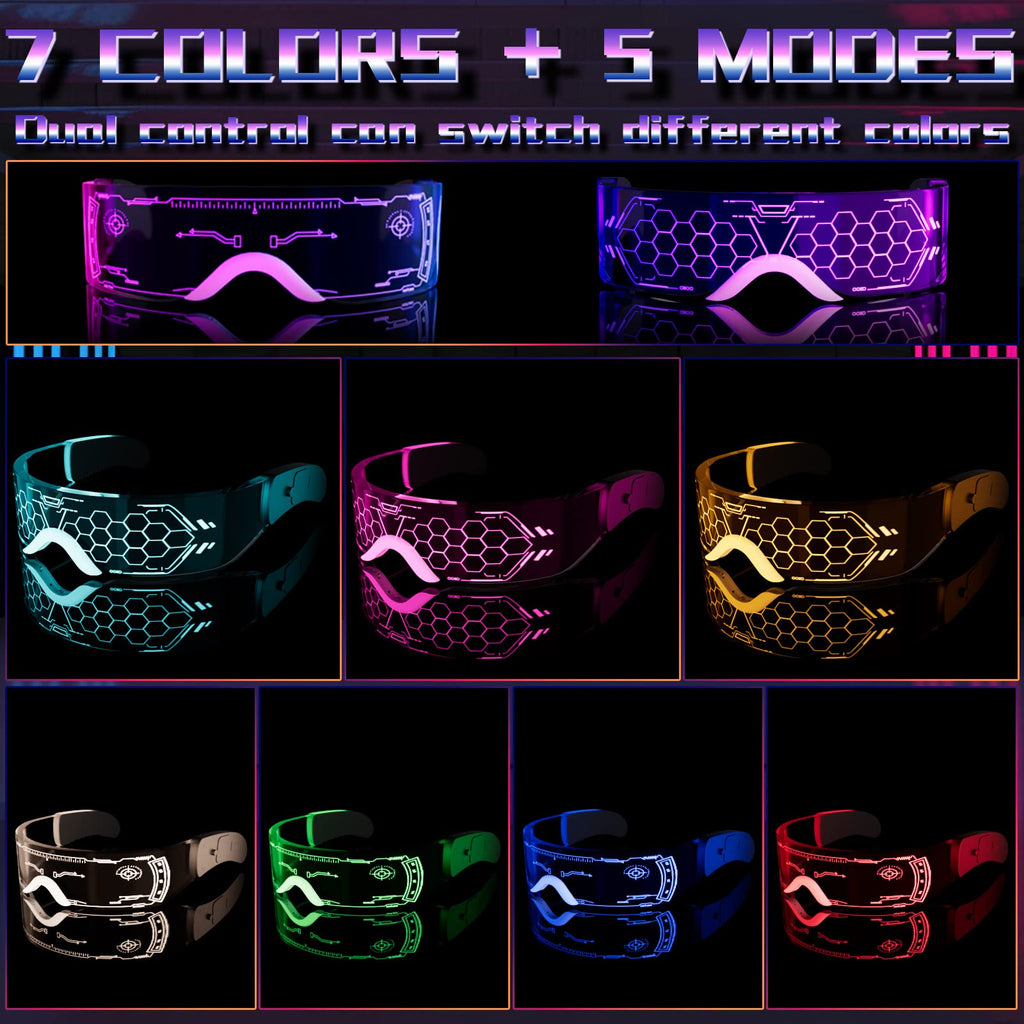 Tanganan LED Visor Glasses, 2pcs LED Light Up Glasses Neon Luminous Glasses 7 Color 5 Modes Cool LED Glasses for Adult