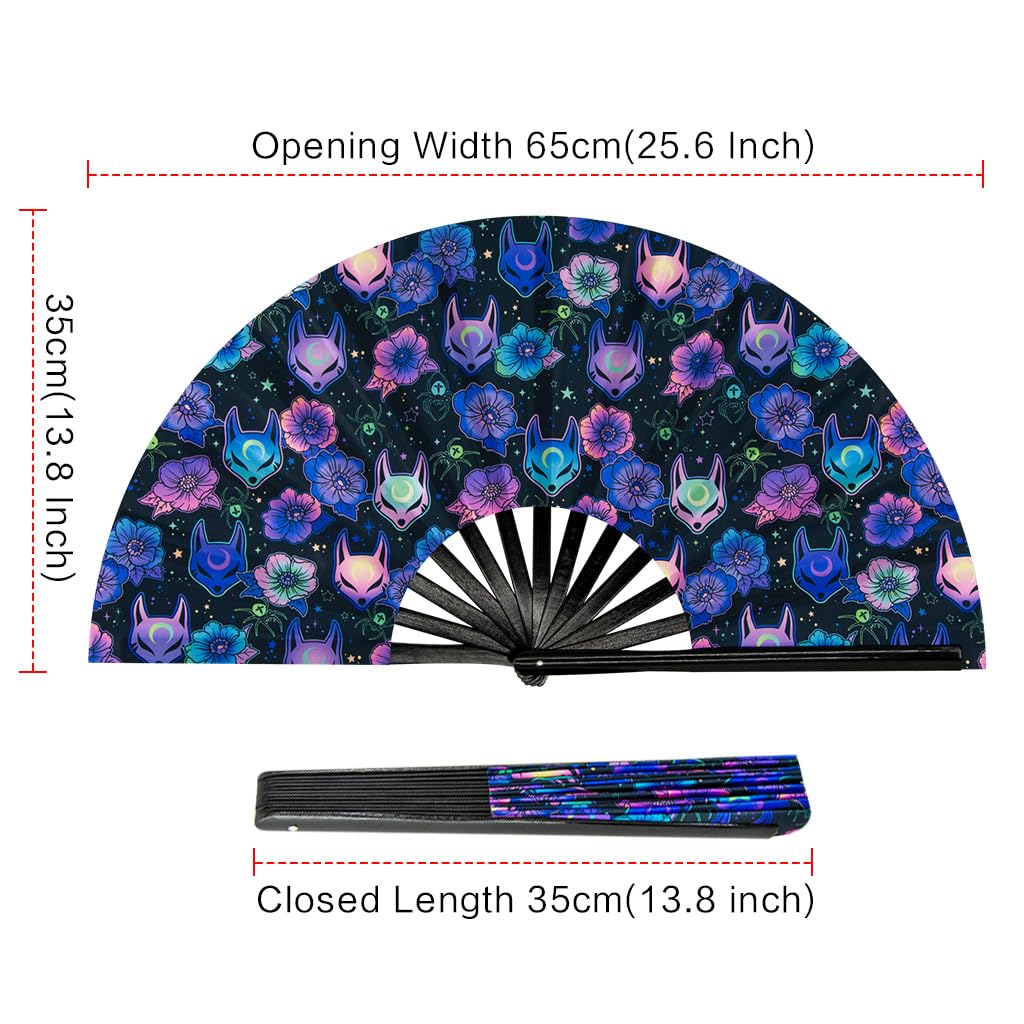 Ravevibes 13" Large Rave Fan Folding Hand Fan, Bamboo Festival Clack Fan Foldable UV Glow Edm Fans For Rave Outfits Accessories Performance Dance Party For Men Women, Alien