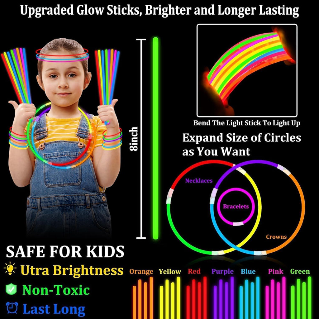 TURNMEON 100 Pack Ultra Bright Glow Sticks Bulk Easter Glow In The Dark Party Supplies Necklace Bracelet with Connector 8" Light Up 14Hrs Long Last Party Favors Toy Birthday Wedding Pool Patriotic