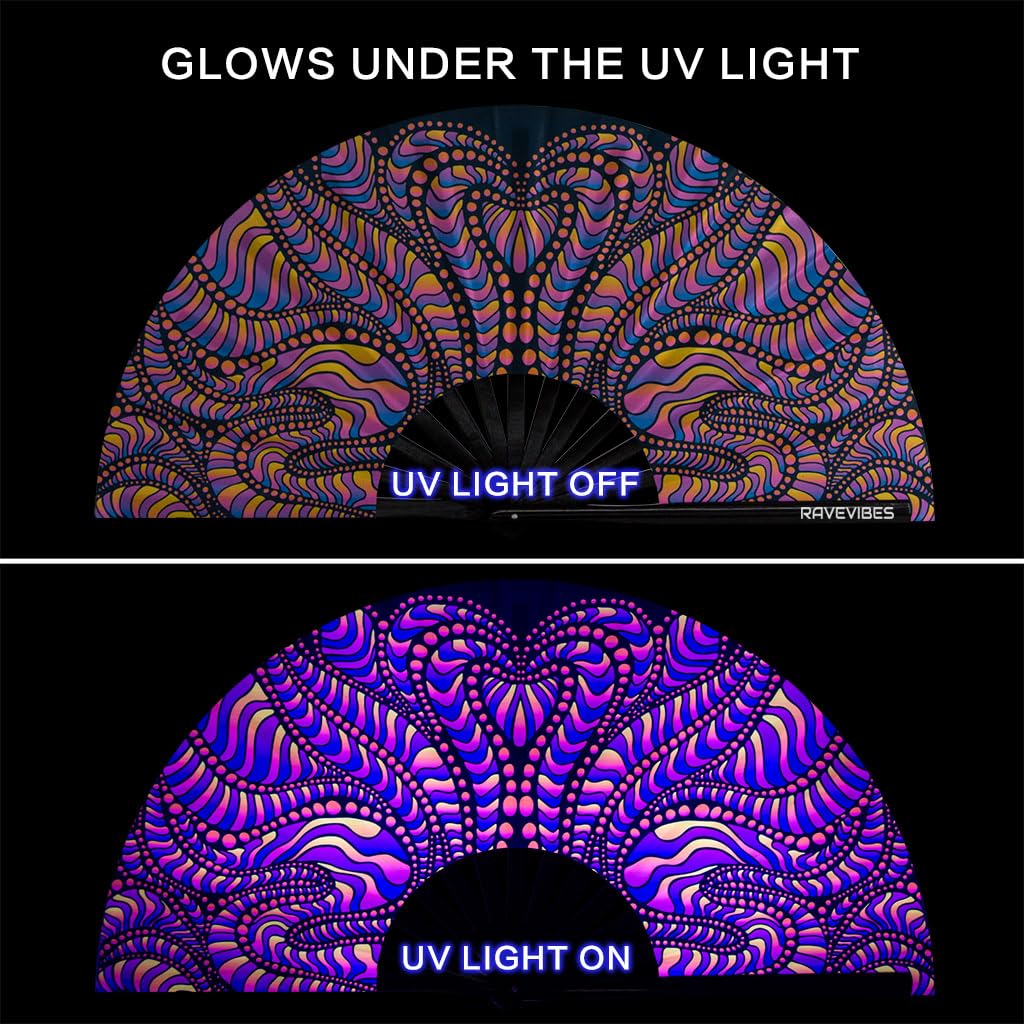 Ravevibes 13" Large Rave Fan Folding Hand Fan, Bamboo Festival Clack Fan Foldable UV Glow Edm Fans For Rave Outfits Accessories Performance Dance Party For Men Women, Alien