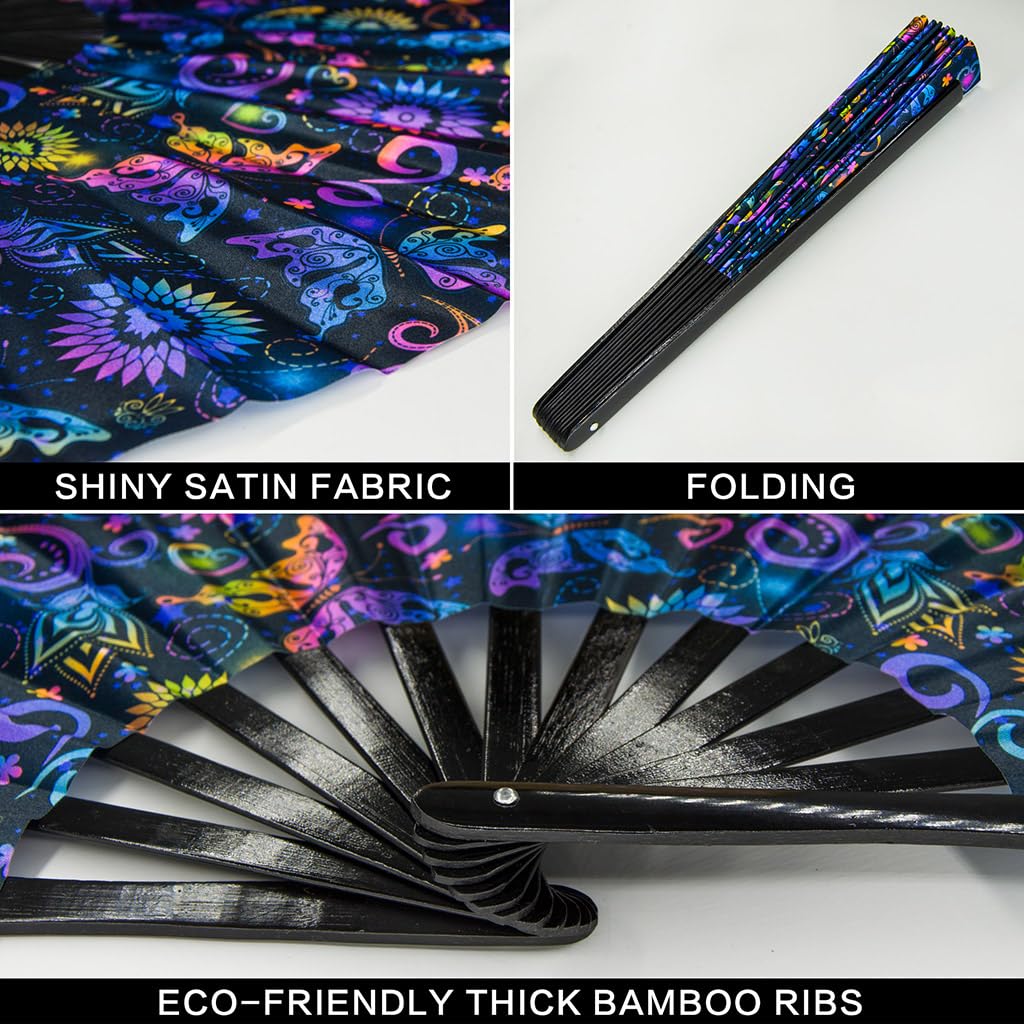 Ravevibes 13" Large Rave Fan Folding Hand Fan, Bamboo Festival Clack Fan Foldable UV Glow Edm Fans For Rave Outfits Accessories Performance Dance Party For Men Women, Alien