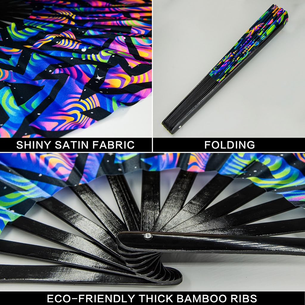 Ravevibes 13" Large Rave Fan Folding Hand Fan, Bamboo Festival Clack Fan Foldable UV Glow Edm Fans For Rave Outfits Accessories Performance Dance Party For Men Women, Alien