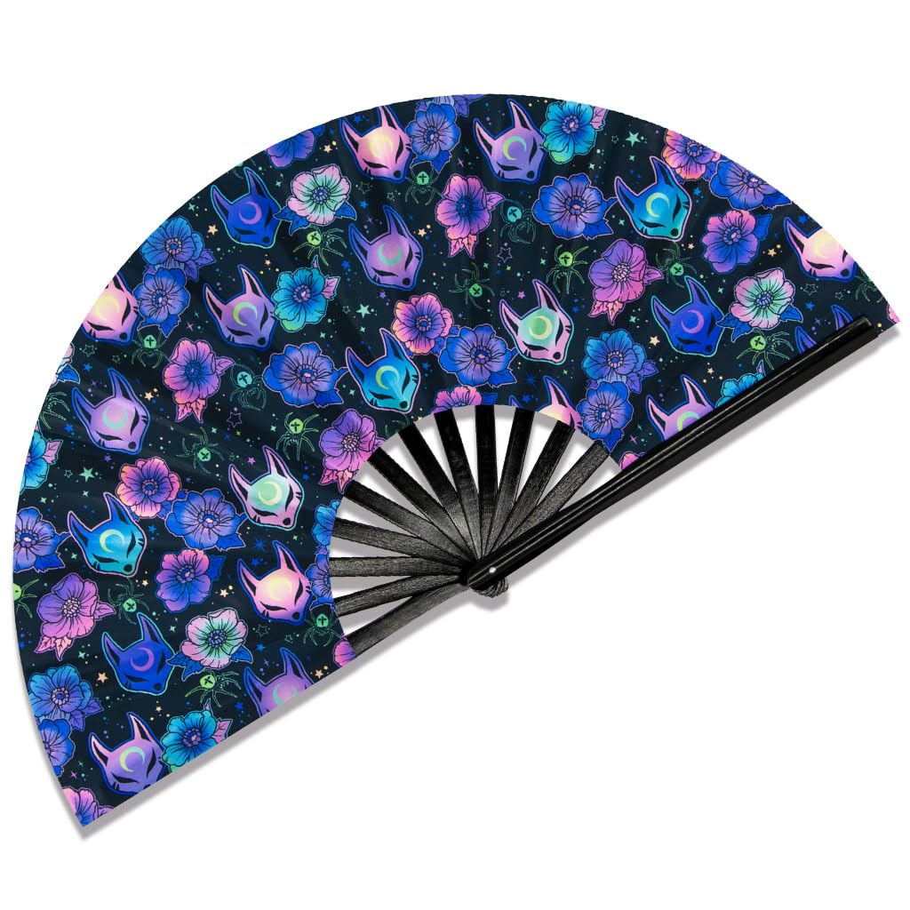 Ravevibes 13" Large Rave Fan Folding Hand Fan, Bamboo Festival Clack Fan Foldable UV Glow Edm Fans For Rave Outfits Accessories Performance Dance Party For Men Women, Alien