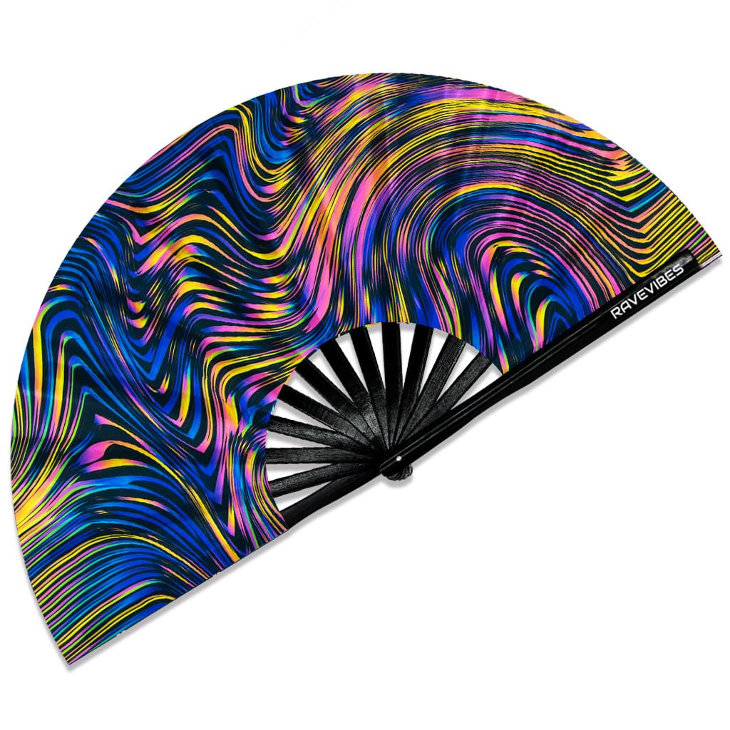 Ravevibes 13" Large Rave Fan Folding Hand Fan, Bamboo Festival Clack Fan Foldable UV Glow Edm Fans For Rave Outfits Accessories Performance Dance Party For Men Women, Alien