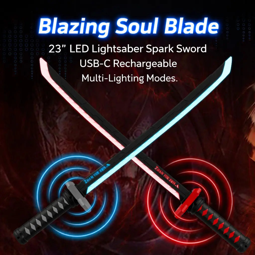 LED Lightsaber Spark Sword Toy – 23" Neon Glowing Blade with Sound & Fog, Eight-Color Streaming Light Effect USB-C Rechargeable Cosplay Weapon for Kids, Halloween Rave Party