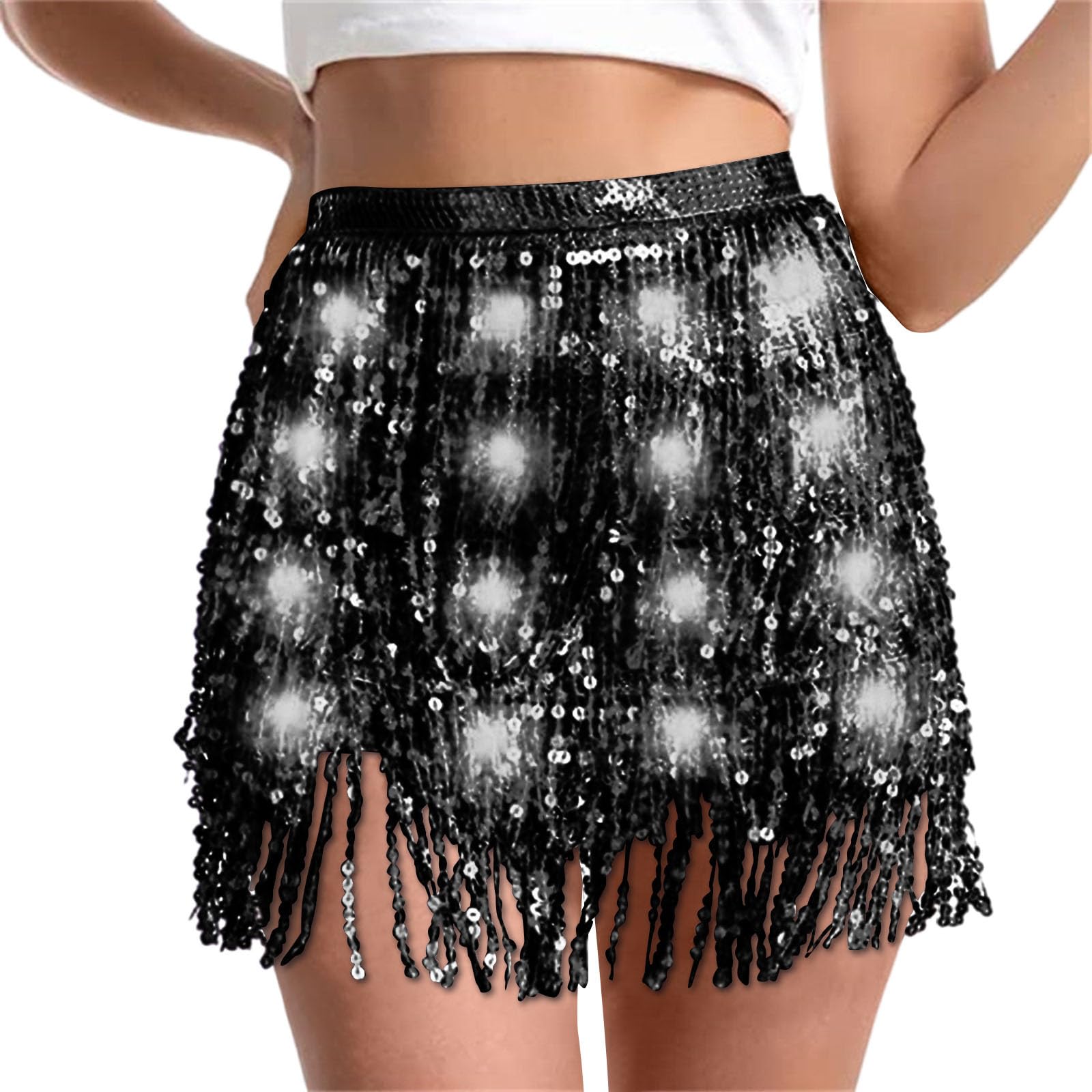 Sequin Skirt Women Led Waist Scarf Belly Dance Waist Chain Tassel Shine Sparkly Mini Skirts Rave Party Outfit
