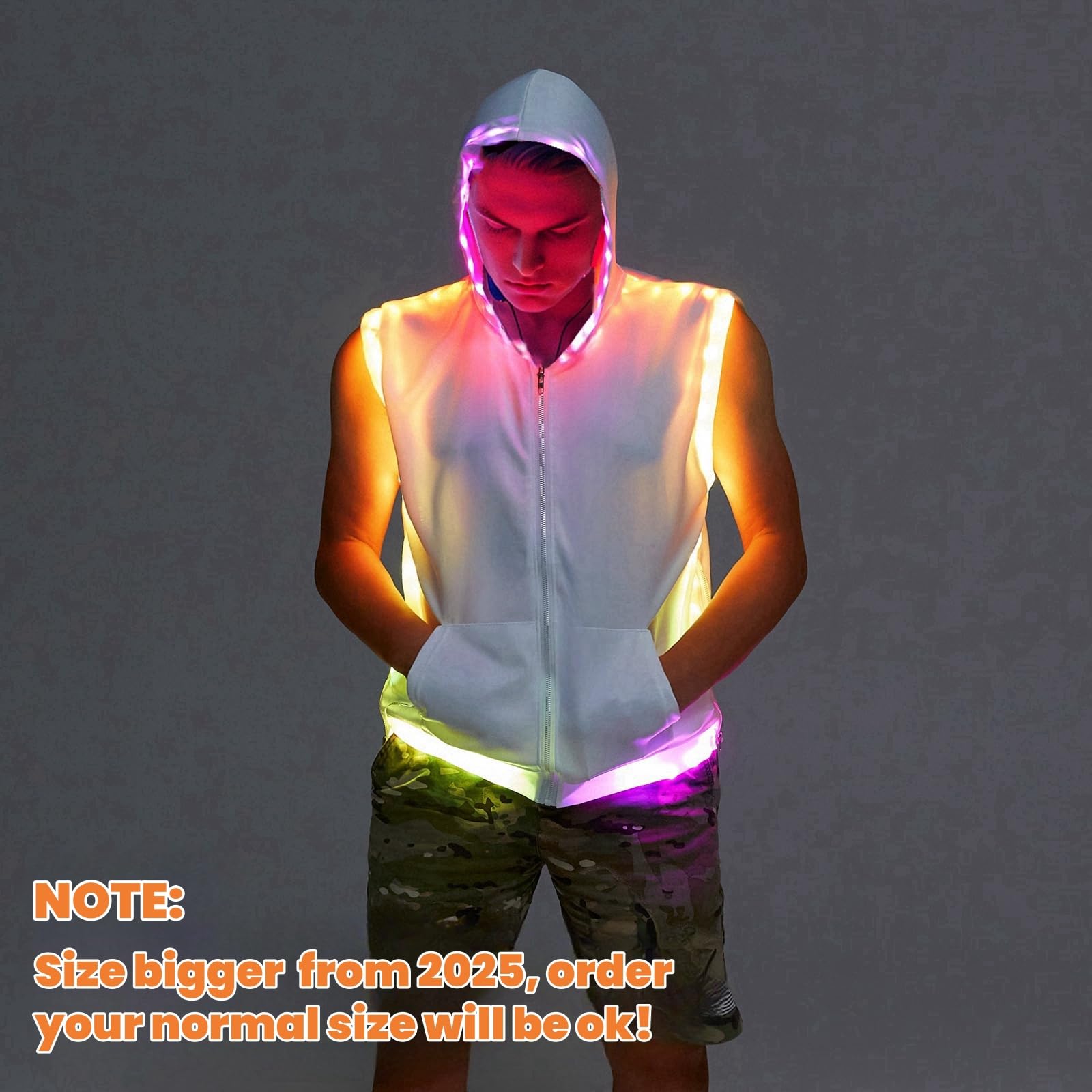 Men White Hooded Tank LED Light Up Sync Burning Man Rave Tops Night Club Show for Halloween Dance Party