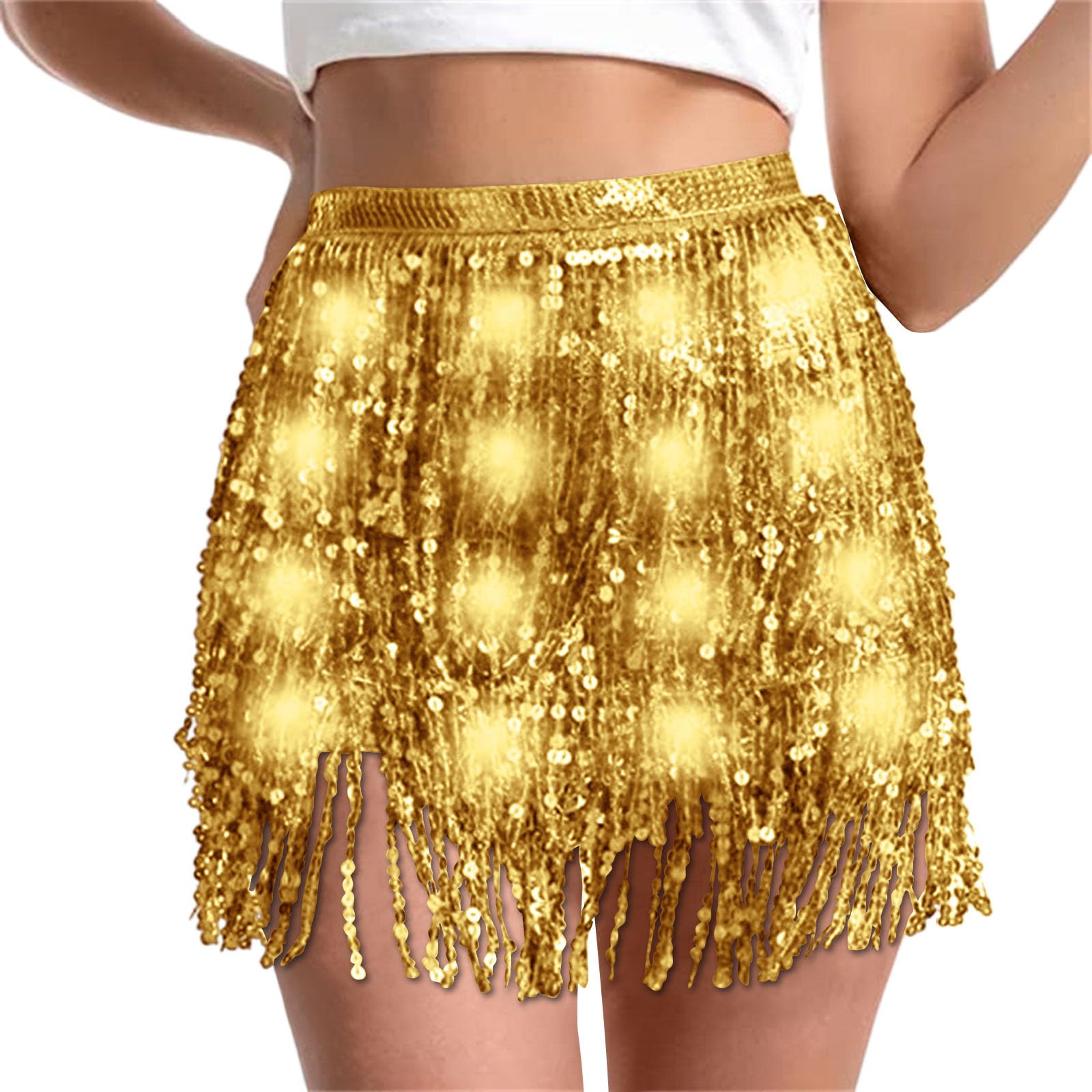 Sequin Skirt Women Led Waist Scarf Belly Dance Waist Chain Tassel Shine Sparkly Mini Skirts Rave Party Outfit