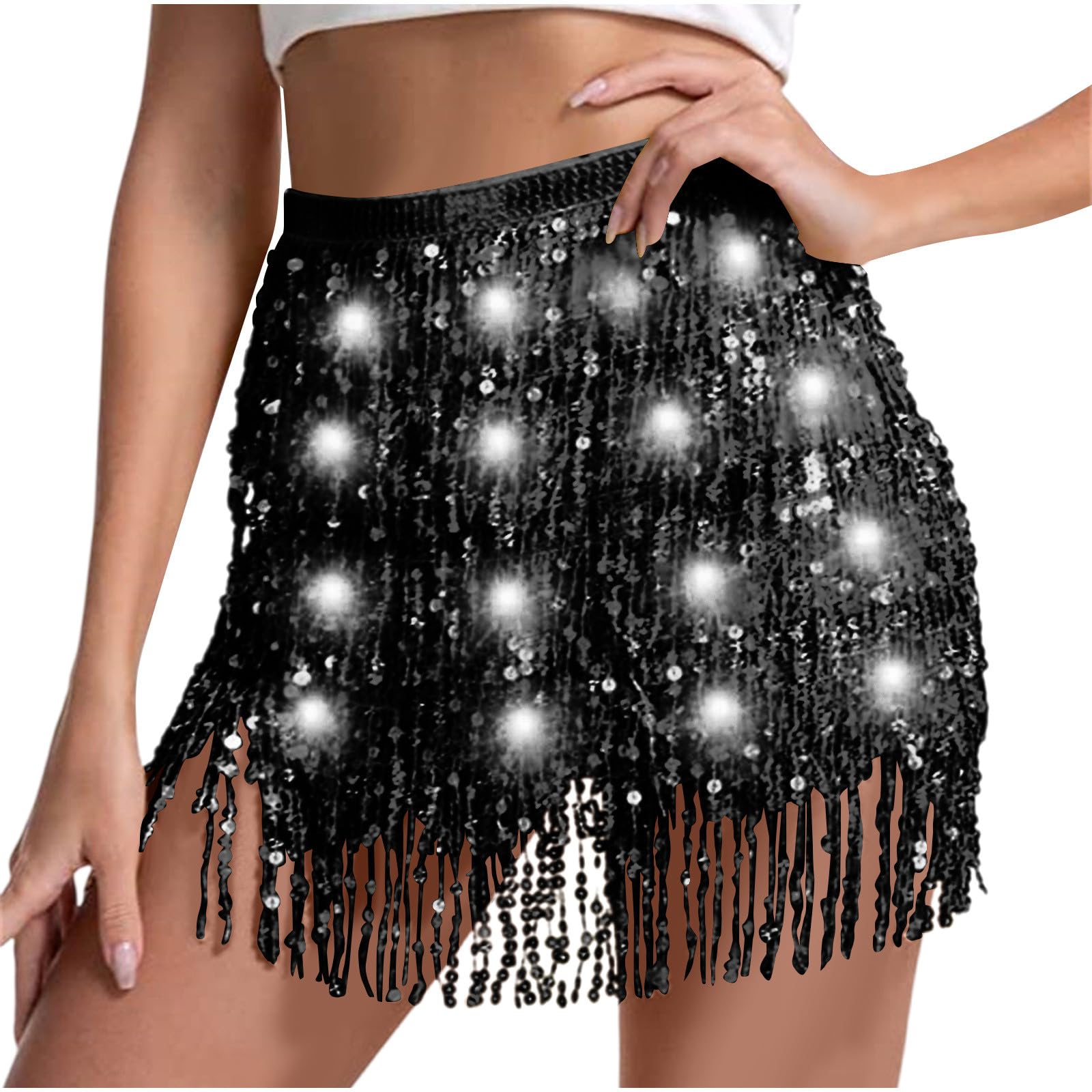 Sequin Skirt Women Led Waist Scarf Belly Dance Waist Chain Tassel Shine Sparkly Mini Skirts Rave Party Outfit