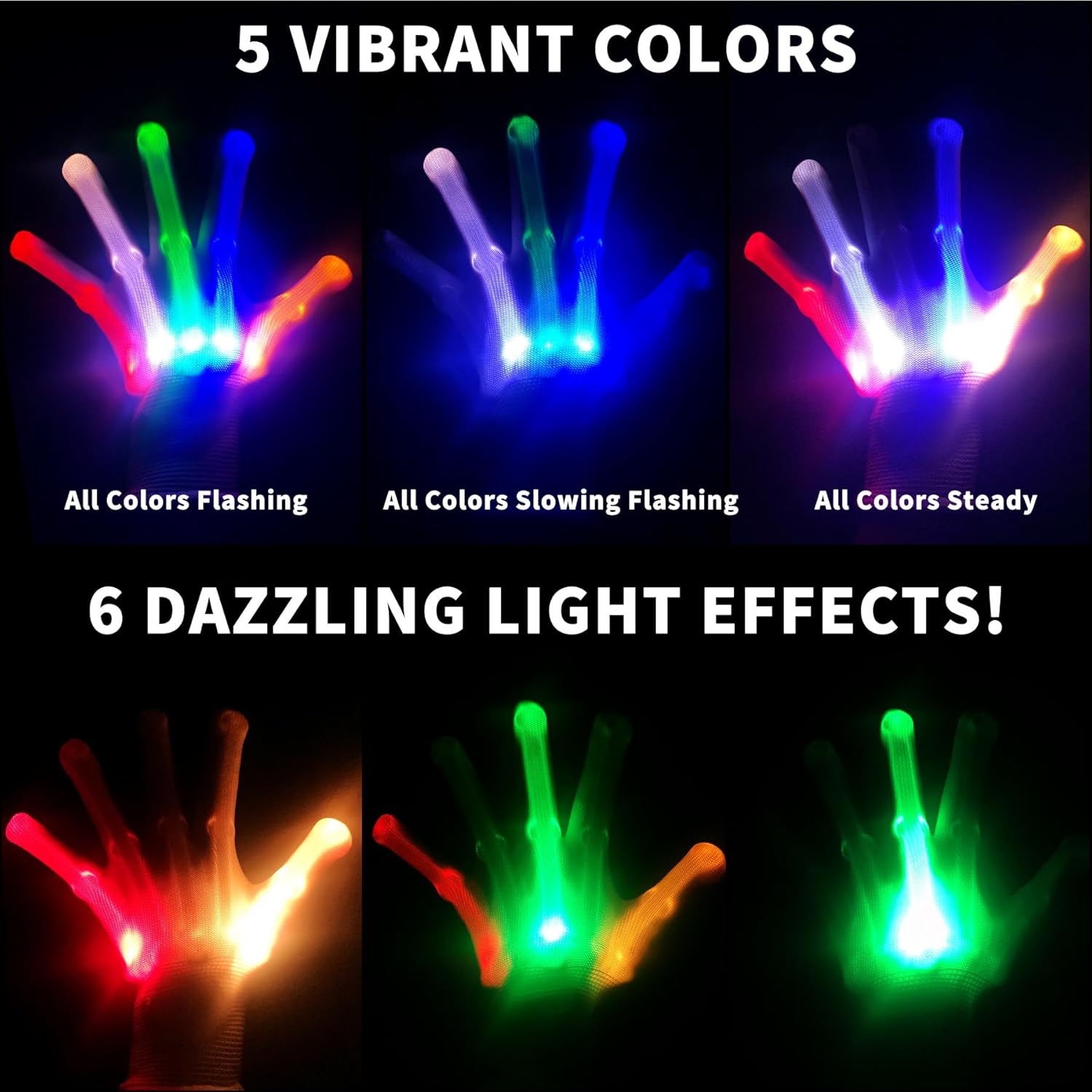 LED Gloves, Light Up Gloves for Kids Birthday Gift Cool Fun Toys for 5-12 Year Old Boys Girls with 5 Color/6 Mode