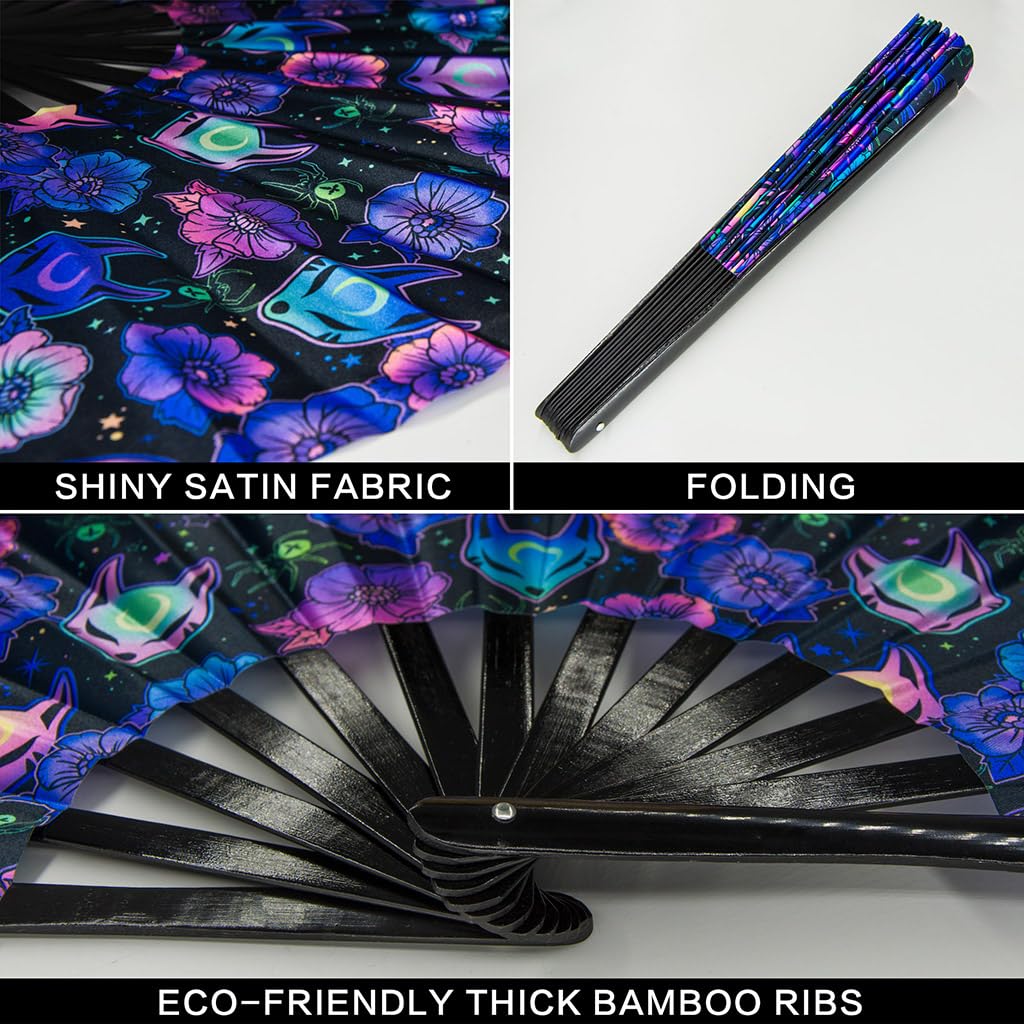 Ravevibes 13" Large Rave Fan Folding Hand Fan, Bamboo Festival Clack Fan Foldable UV Glow Edm Fans For Rave Outfits Accessories Performance Dance Party For Men Women, Alien