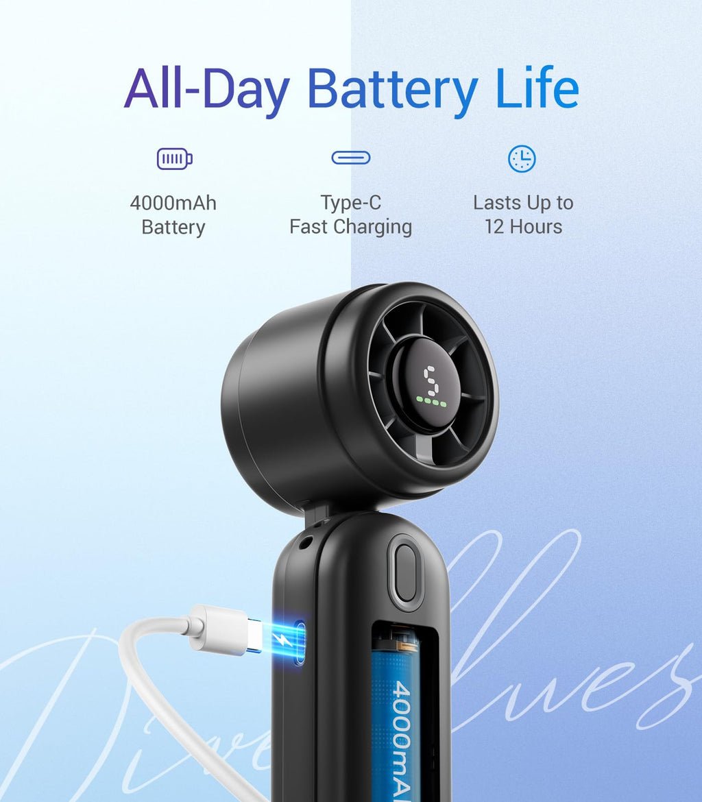 Diveblues Handheld Fan, 30ft/s Mini Portable Turbo Fan [12H Max Cooling], 4000mAh Personal Fan with LED Display, 3-in-1 Hand Held/Neck/Desk Fan for Travel, Cruise, Disney Essentials