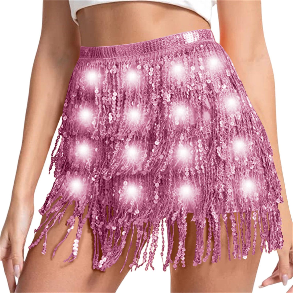 Sequin Skirt Women Led Waist Scarf Belly Dance Waist Chain Tassel Shine Sparkly Mini Skirts Rave Party Outfit
