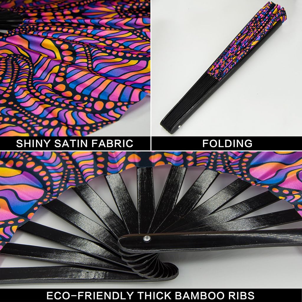 Ravevibes 13" Large Rave Fan Folding Hand Fan, Bamboo Festival Clack Fan Foldable UV Glow Edm Fans For Rave Outfits Accessories Performance Dance Party For Men Women, Alien