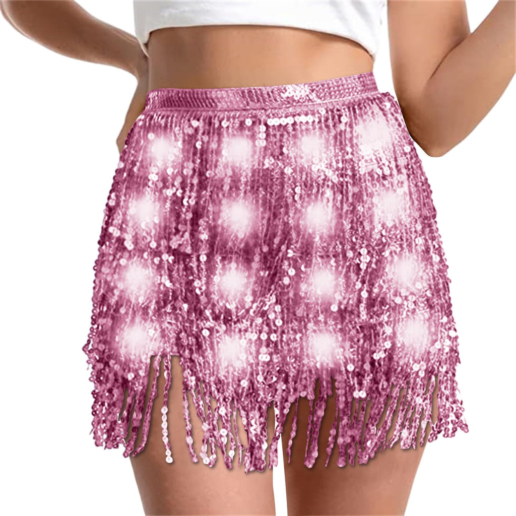 Sequin Skirt Women Led Waist Scarf Belly Dance Waist Chain Tassel Shine Sparkly Mini Skirts Rave Party Outfit