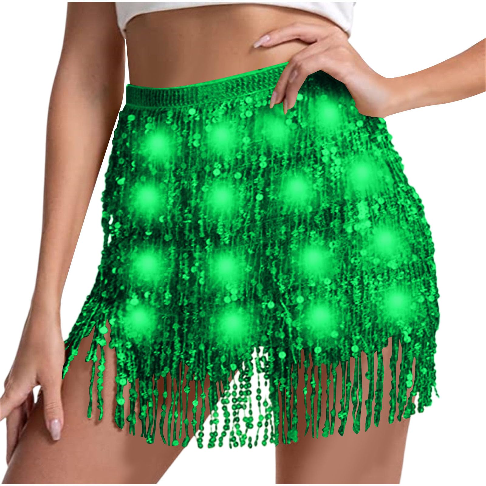 Sequin Skirt Women Led Waist Scarf Belly Dance Waist Chain Tassel Shine Sparkly Mini Skirts Rave Party Outfit