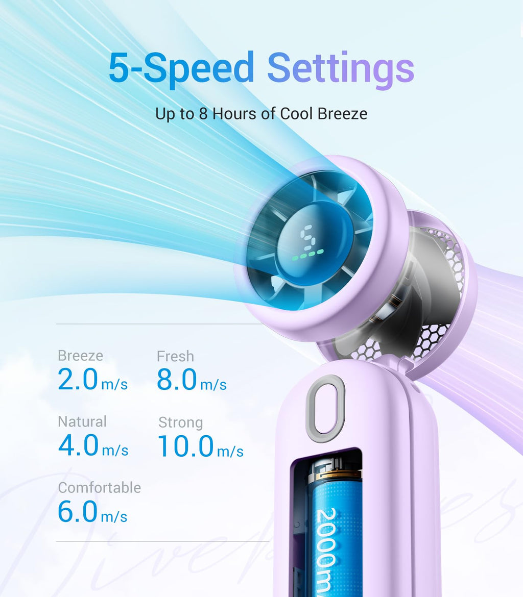 Diveblues Handheld Fan, 30ft/s Mini Portable Turbo Fan [12H Max Cooling], 4000mAh Personal Fan with LED Display, 3-in-1 Hand Held/Neck/Desk Fan for Travel, Cruise, Disney Essentials