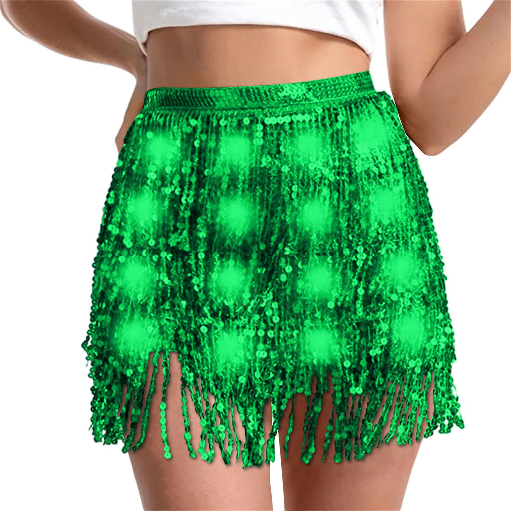 Sequin Skirt Women Led Waist Scarf Belly Dance Waist Chain Tassel Shine Sparkly Mini Skirts Rave Party Outfit