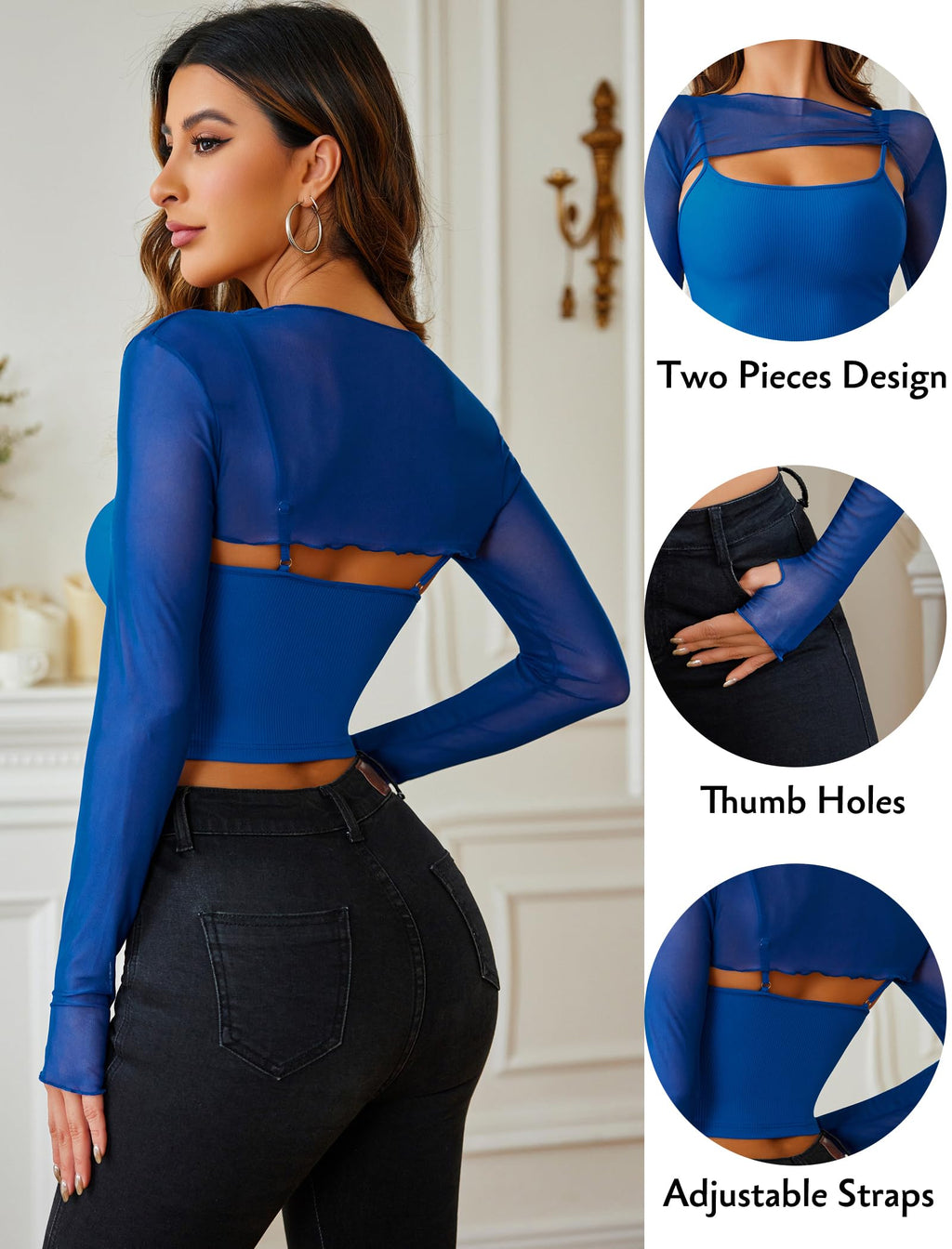 Avidlove Women Sexy Long Sleeve Mesh Crop Top Solid Cover Up with Spaghetti Strap Cami Top 2 Pieces Clubwear with Thumb Holes
