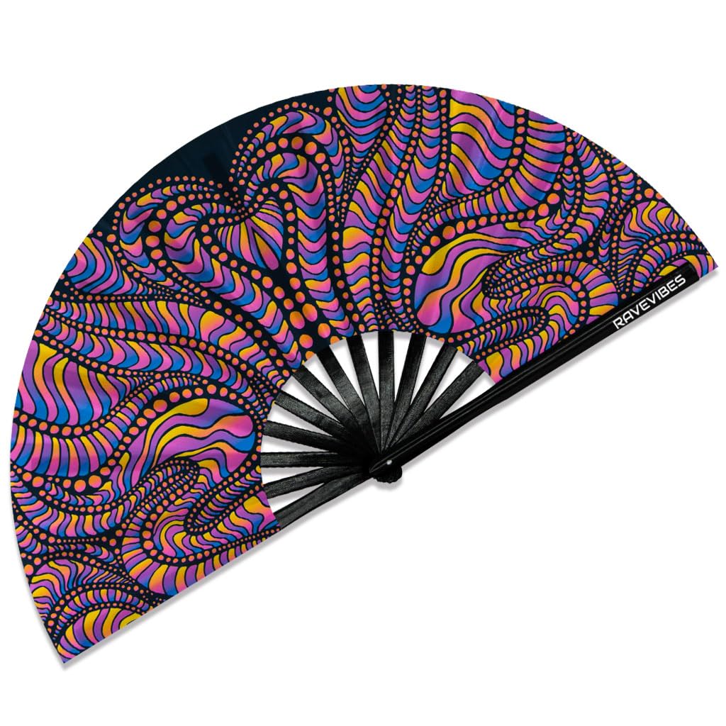 Ravevibes 13" Large Rave Fan Folding Hand Fan, Bamboo Festival Clack Fan Foldable UV Glow Edm Fans For Rave Outfits Accessories Performance Dance Party For Men Women, Alien